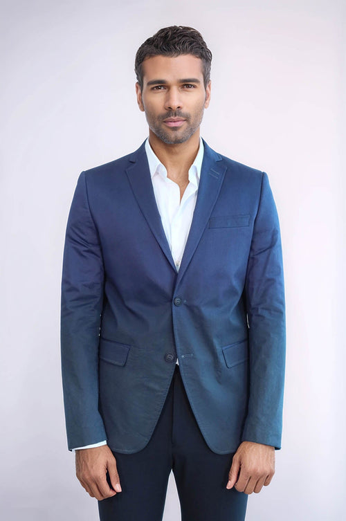 2 Button Mono Lapel Plain Cotton Navy Blue Jacket-Wessi