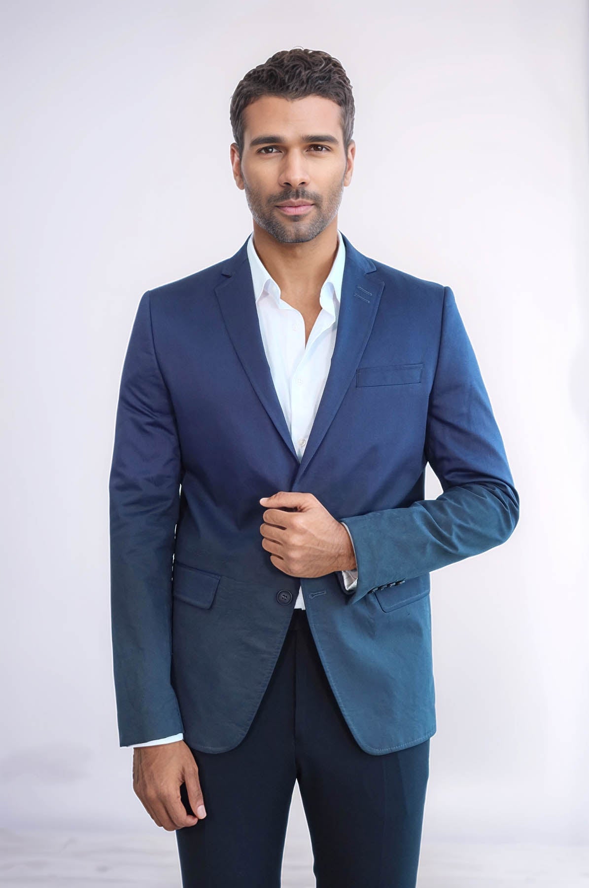 2 Button Mono Lapel Plain Cotton Navy Blue Jacket-Wessi