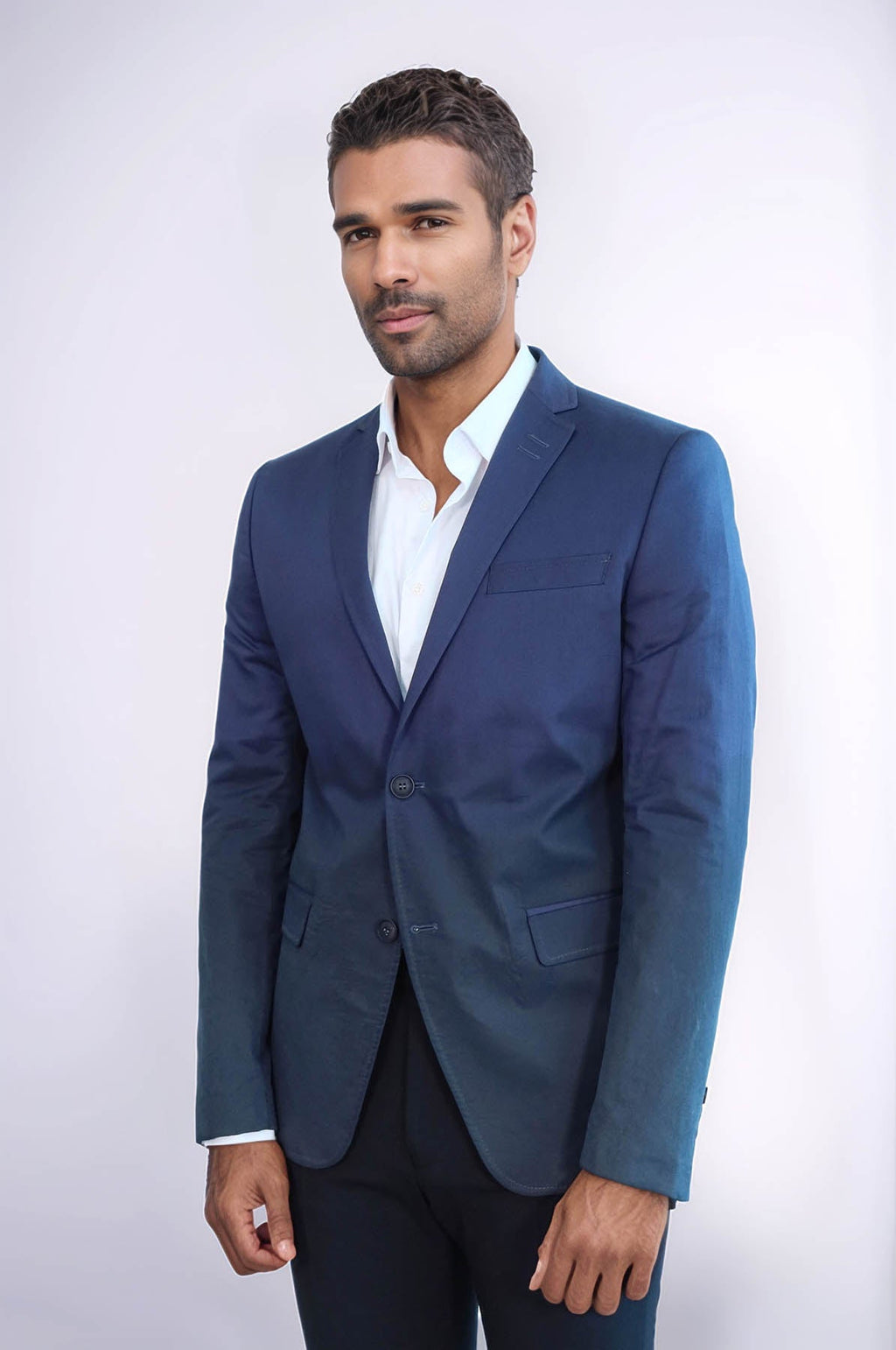 2 Button Mono Lapel Plain Cotton Navy Blue Jacket-Wessi