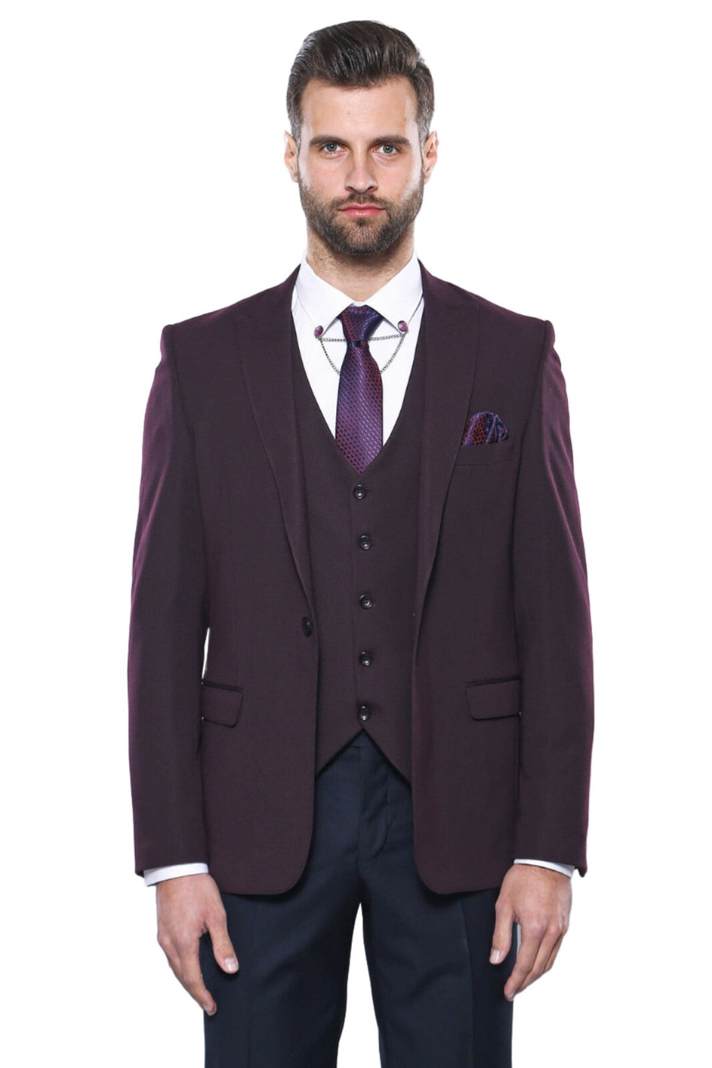 Burgundy Slim Fit Suit, White Shirt, and Navy Blue Tie Modern Classic Look - Wessi