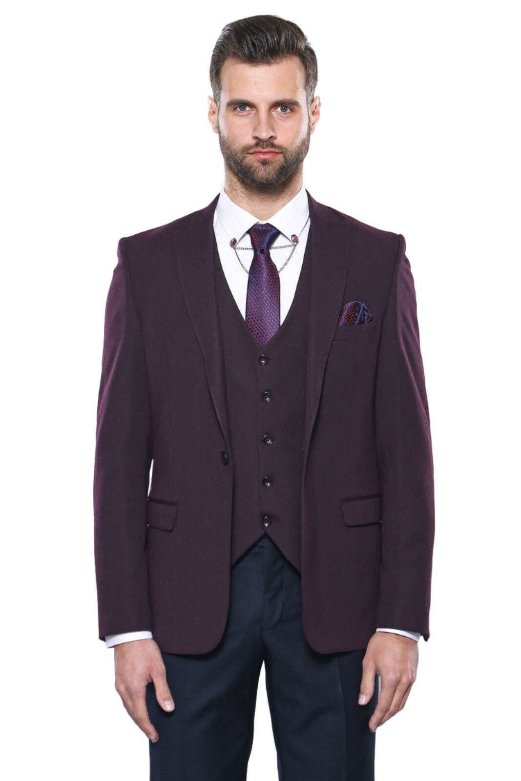 Burgundy Slim Fit Suit, White Shirt, and Navy Blue Tie Modern Classic Look - Wessi