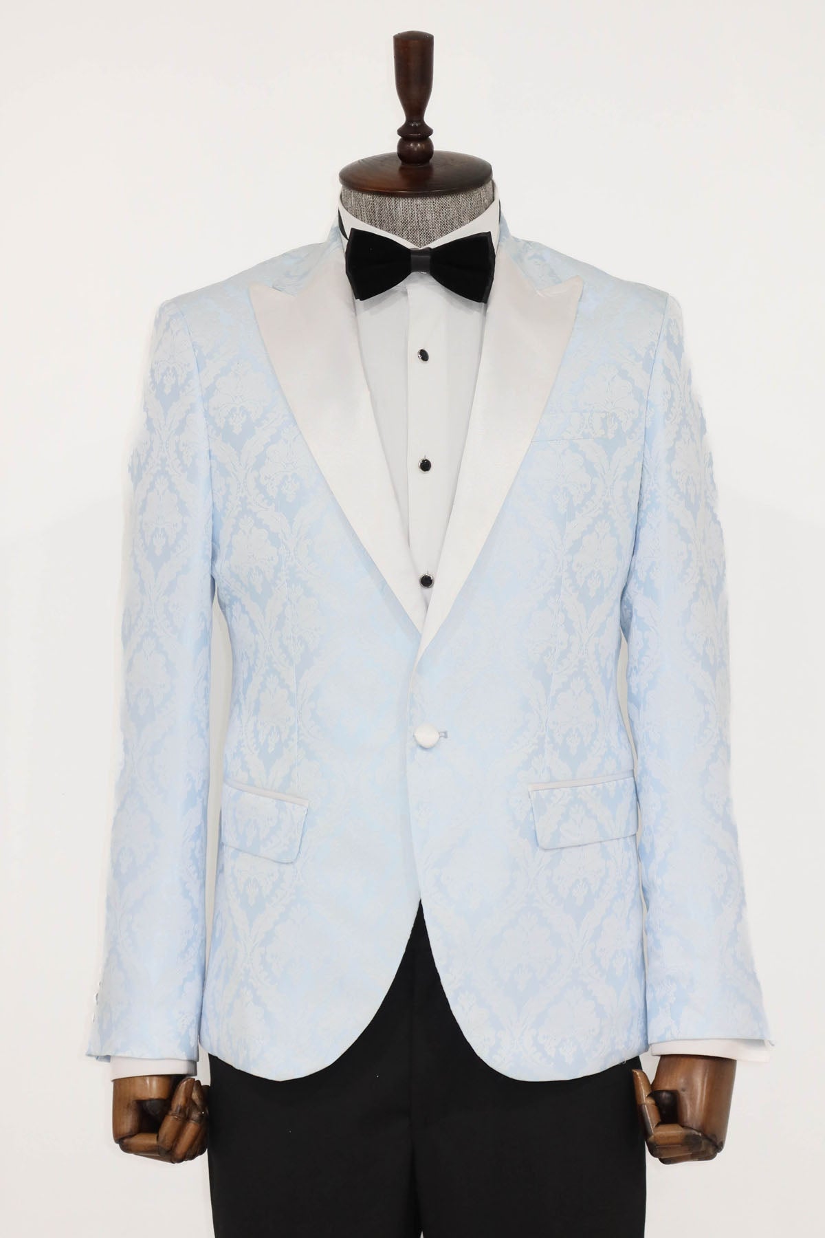 Floral Patterned Peak Lapel Light Blue Men Prom Blazer - Wessi