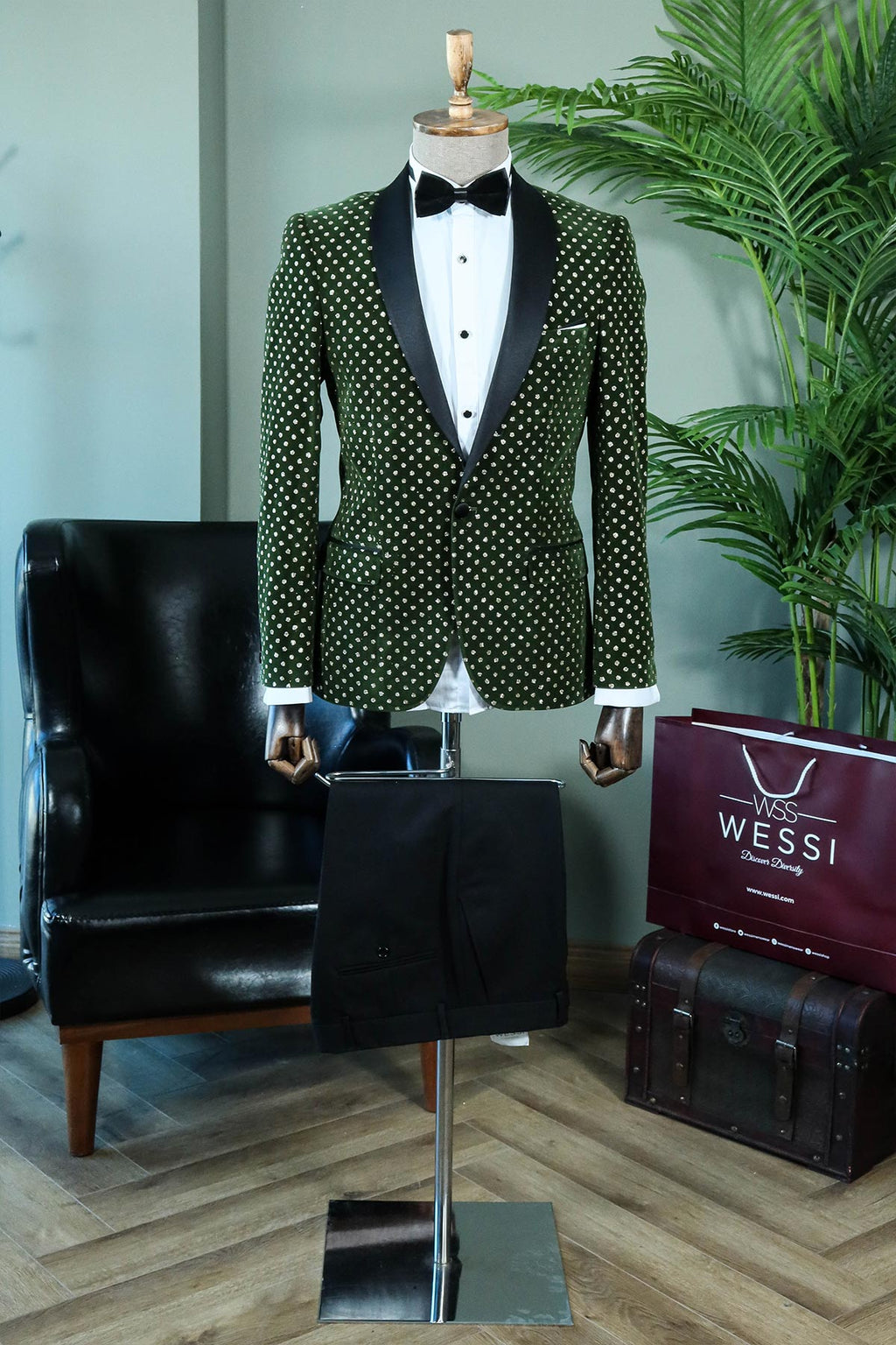 Emerald Green Velvet Polka Dot Peak Lapel Tuxedo Jacket with Black Pants - Luxe Party Style