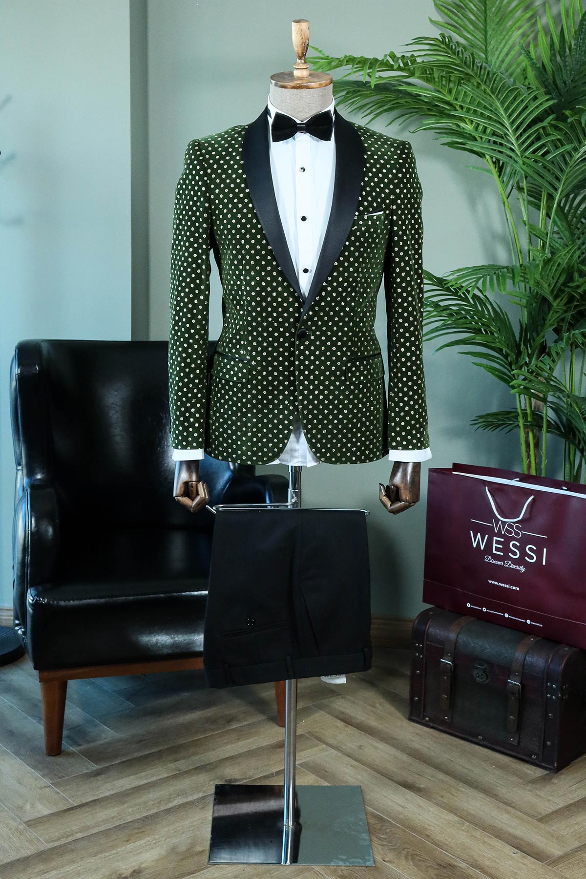 Emerald Green Velvet Polka Dot Peak Lapel Tuxedo Jacket with Black Pants - Luxe Party Style