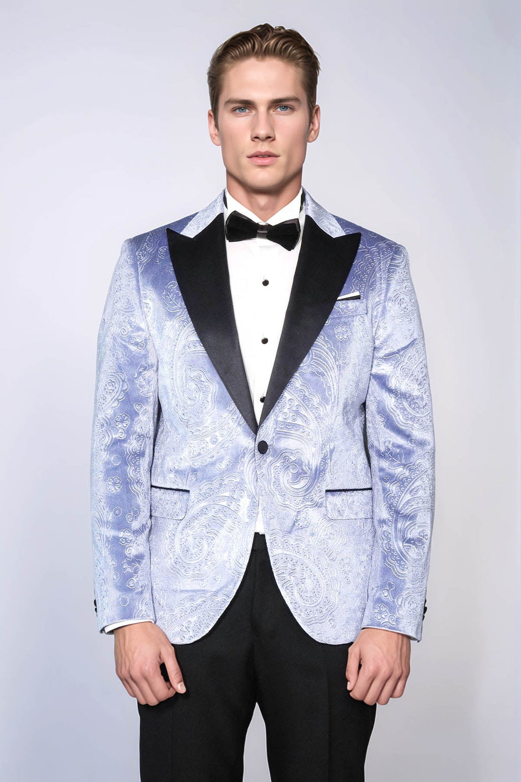 Floral Patterned Velvet Blue Men Wedding Grooms Blazer - Wessi