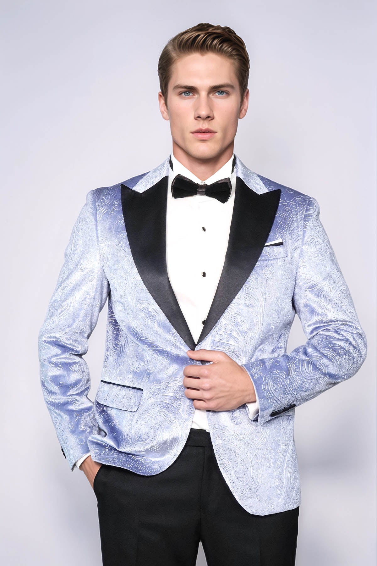 Floral Patterned Velvet Blue Men Wedding Grooms Blazer - Wessi