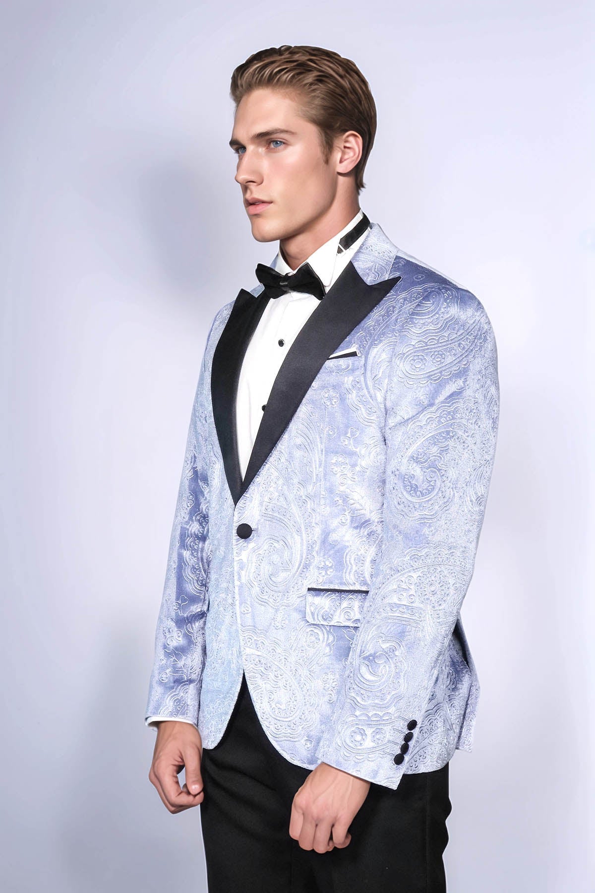 Floral Patterned Velvet Blue Men Wedding Grooms Blazer - Wessi