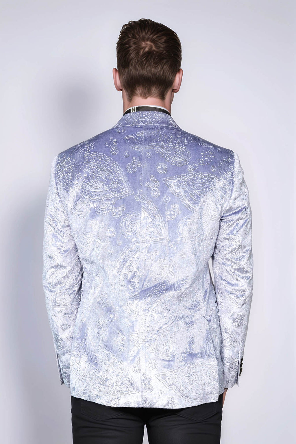 Floral Patterned Velvet Blue Men Wedding Grooms Blazer - Wessi