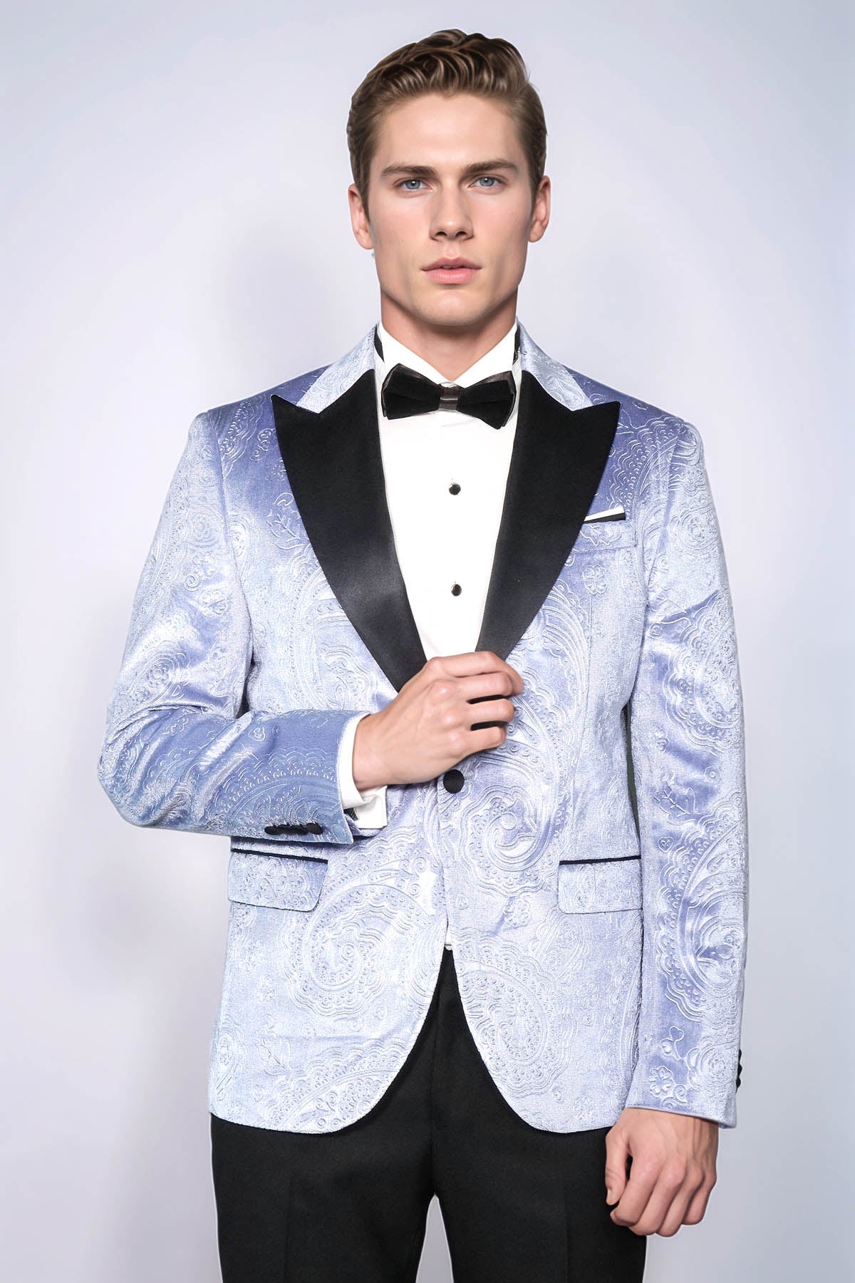 Floral Patterned Velvet Blue Men Wedding Grooms Blazer - Wessi