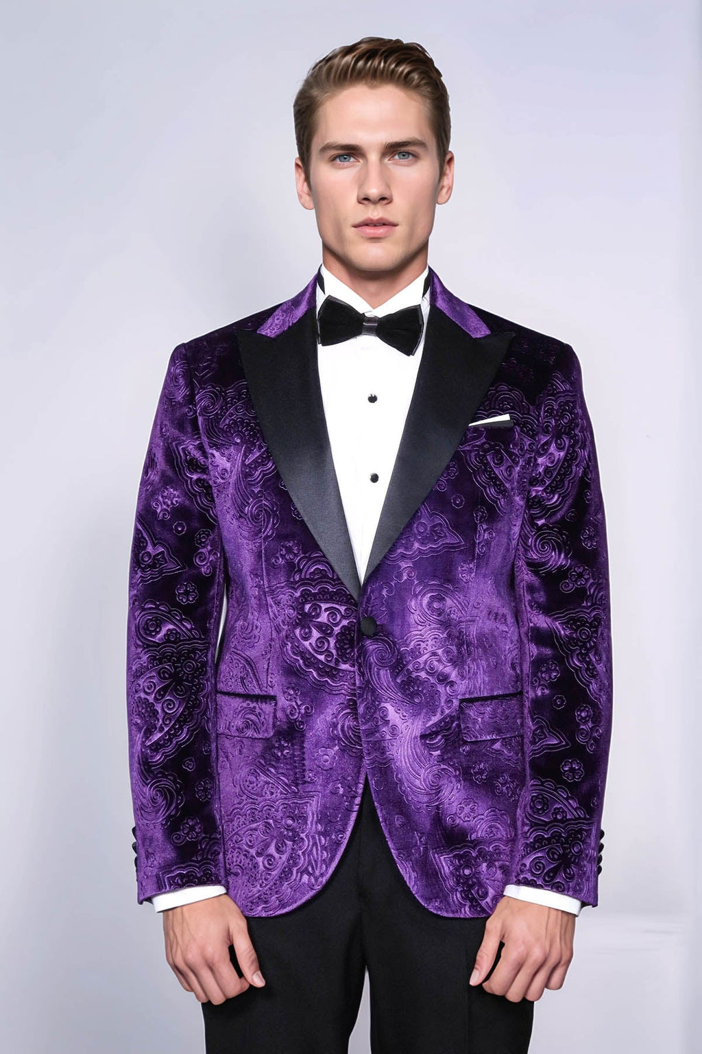 Floral Patterned Purple Velvet Men Tuxedo  Jacket - Wessi