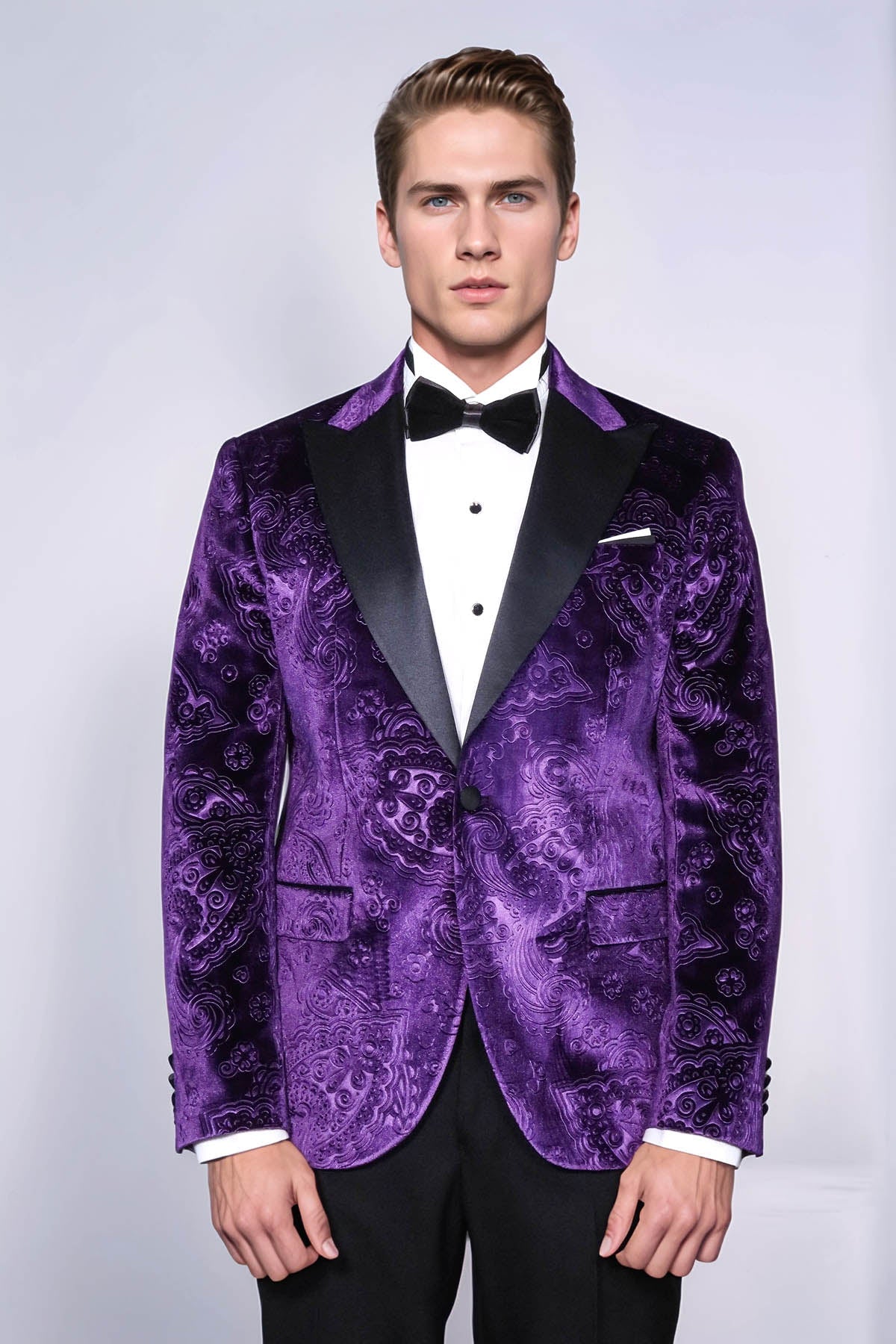 Floral Patterned Purple Velvet Men Tuxedo  Jacket - Wessi