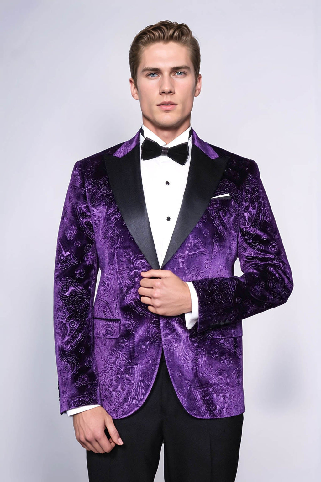 Floral Patterned Purple Velvet Men Tuxedo  Jacket - Wessi