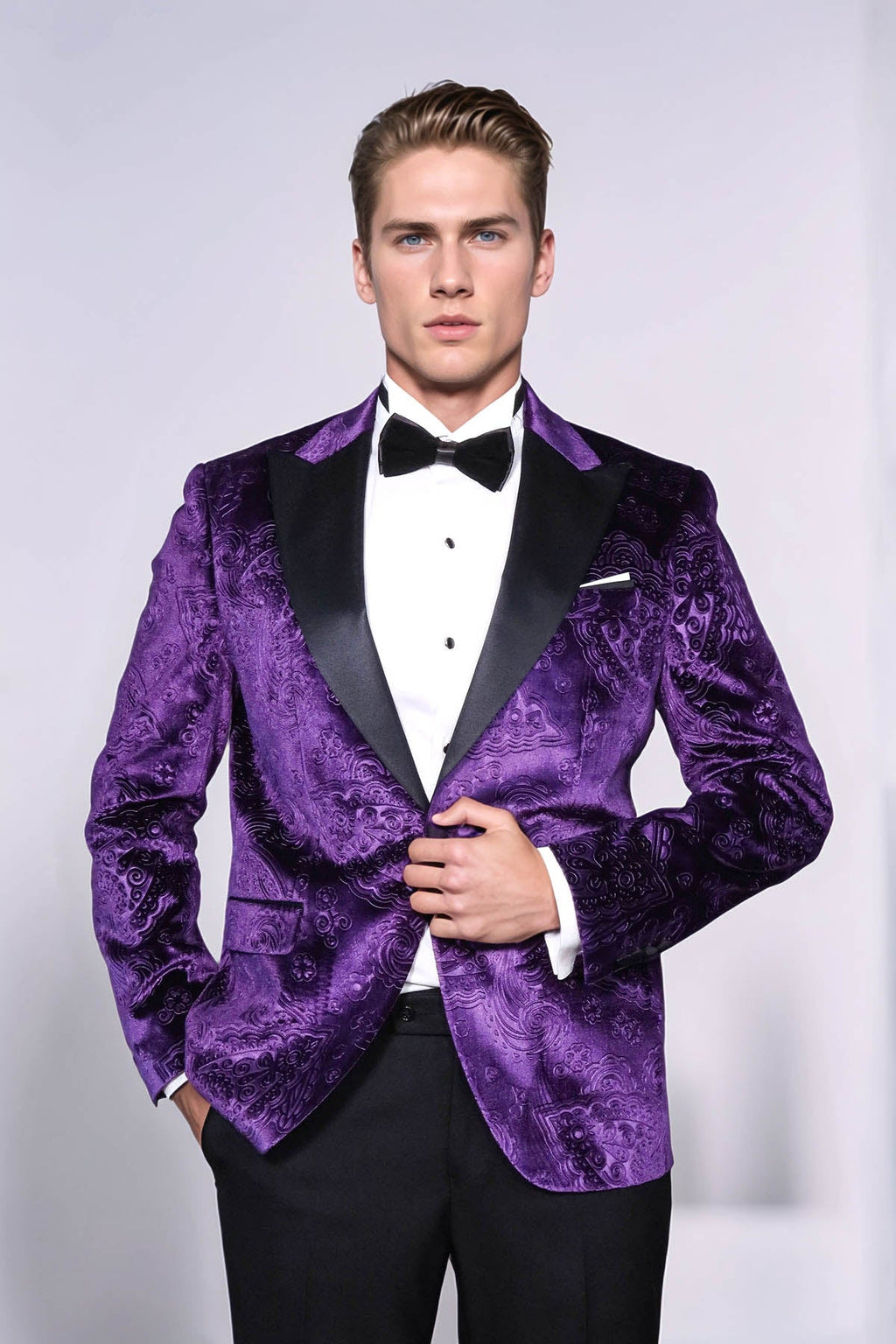 Floral Patterned Purple Velvet Men Tuxedo  Jacket - Wessi