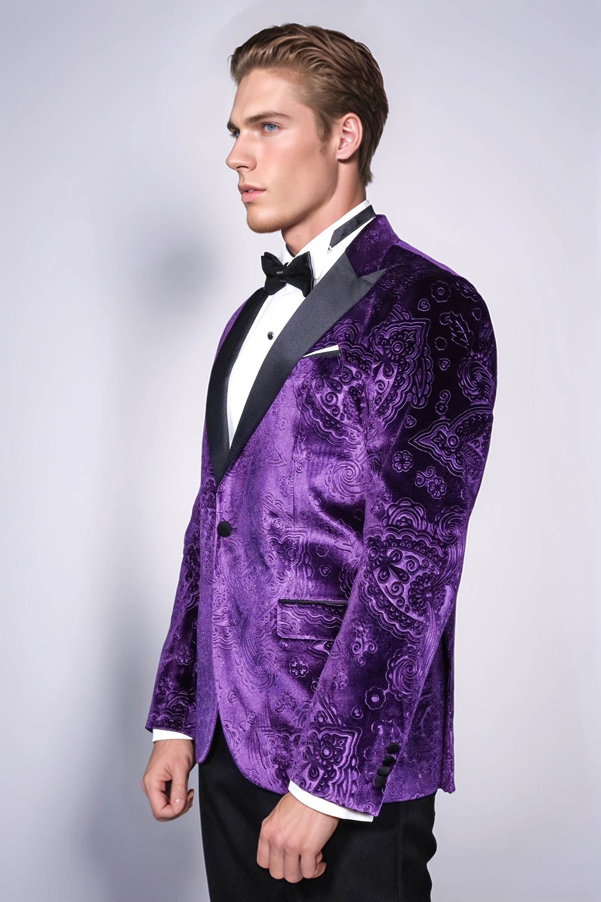 Floral Patterned Purple Velvet Men Tuxedo  Jacket - Wessi