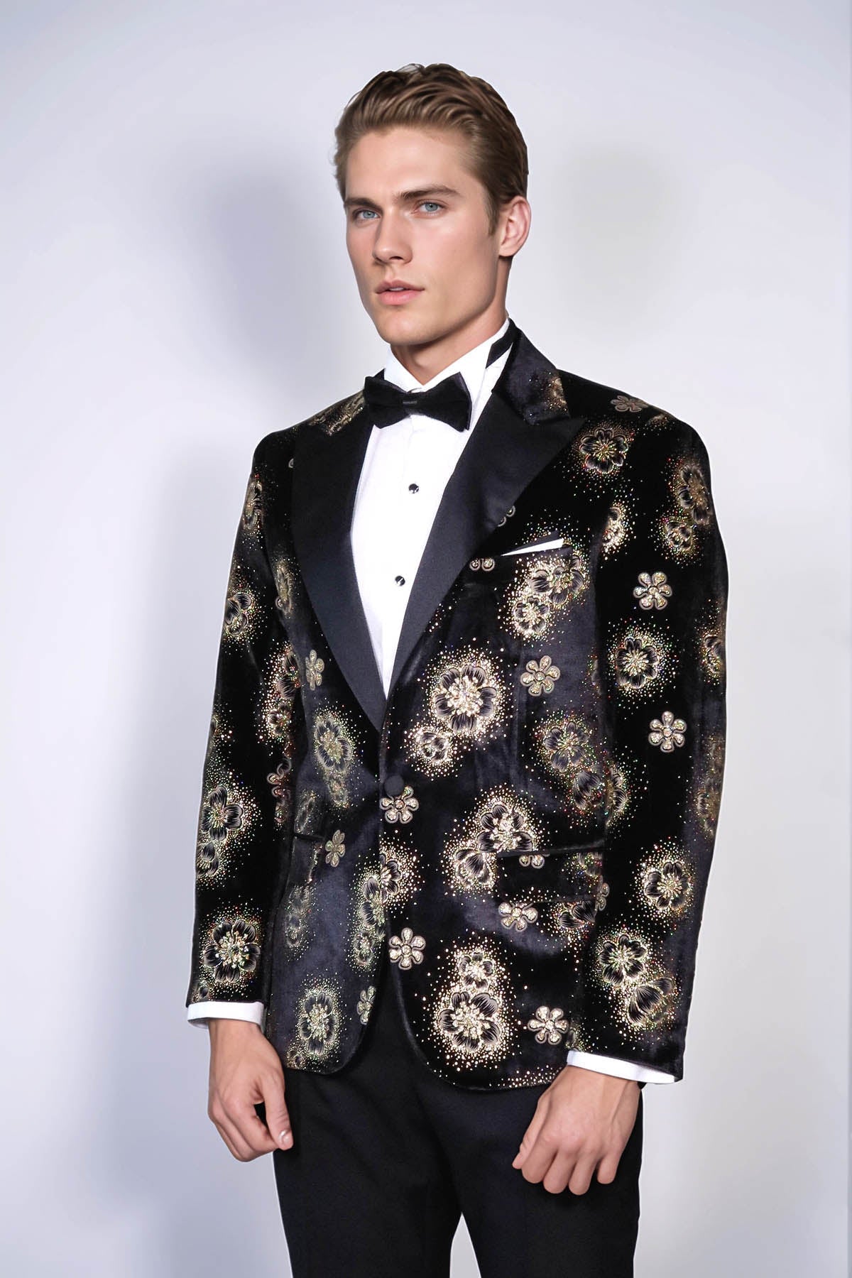 Black Patterned Over Black Men Prom Blazer - Wessi