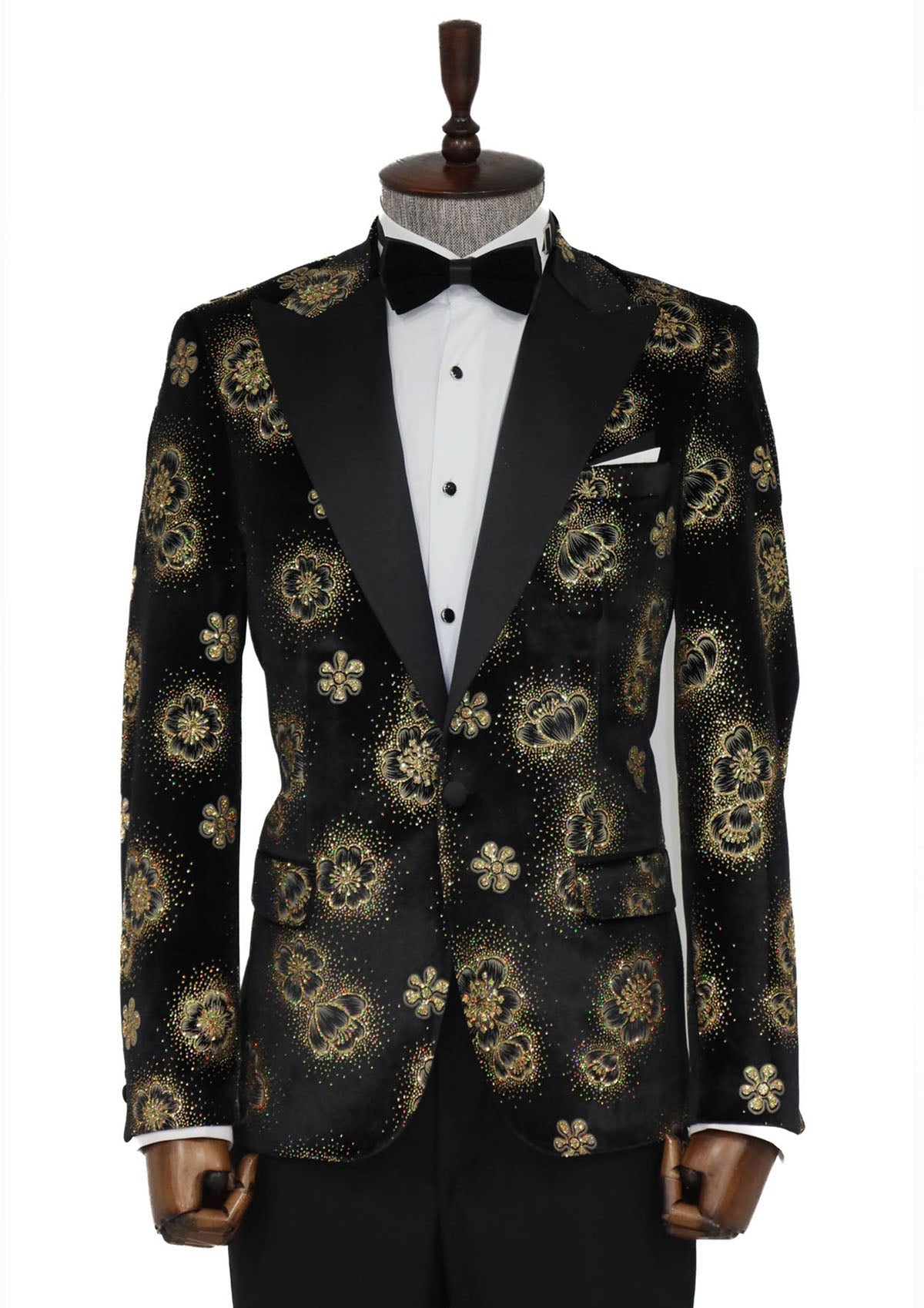 Golden Floral Pattern Shawl Lapel Tuxedo Jacket with Black Pants - Luxe Evening Look