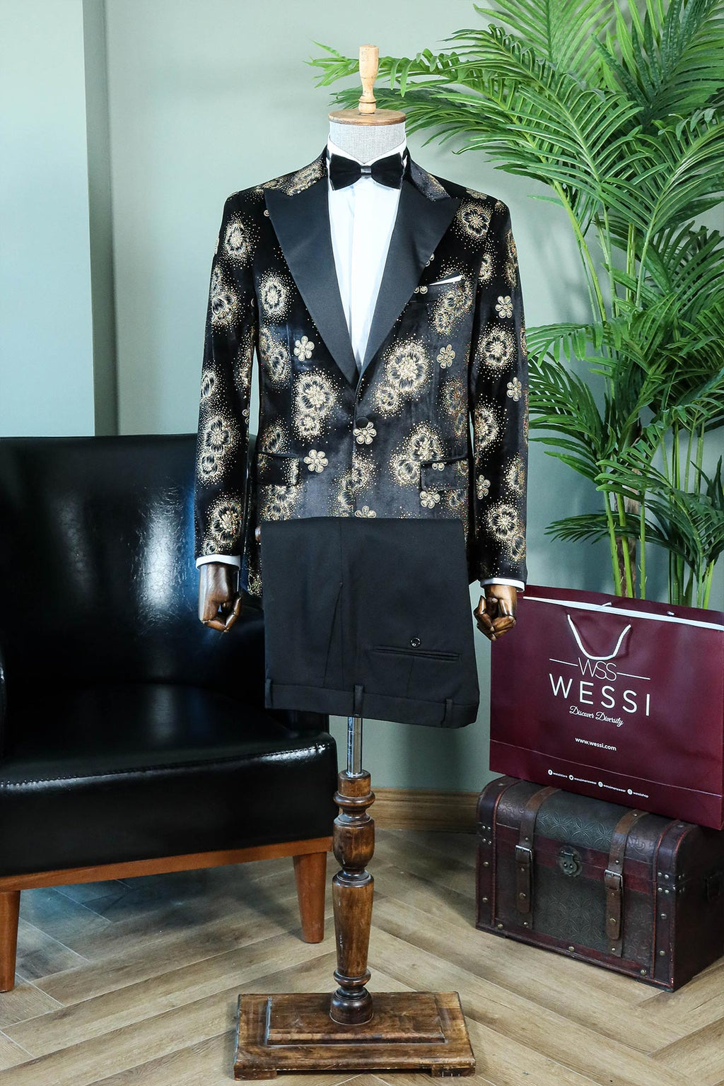 Golden Floral Pattern Shawl Lapel Tuxedo Jacket with Black Pants - Luxe Evening Look