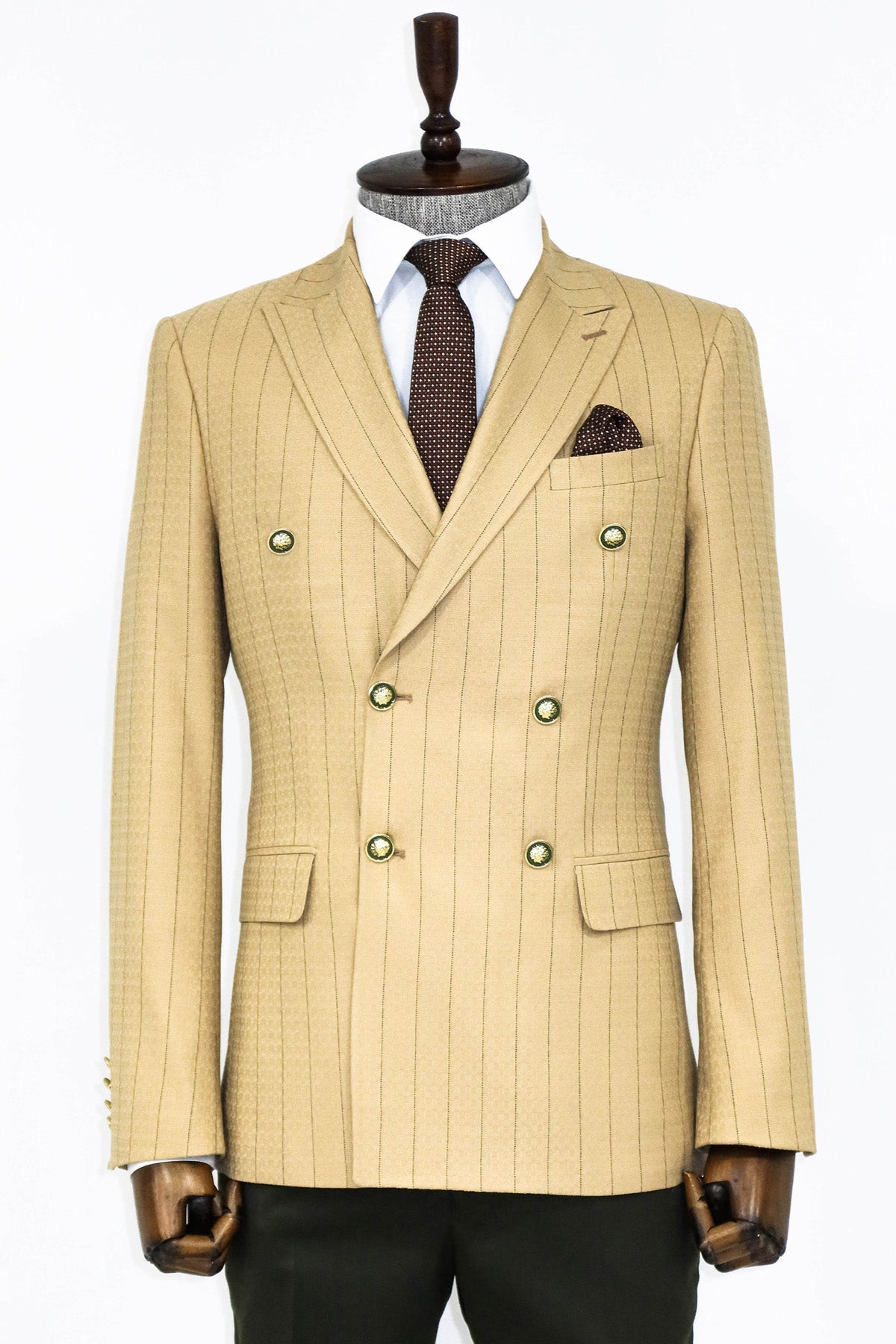 Beige Striped Double-Breasted Blazer with Green Pants and Floral Tie - Business Look