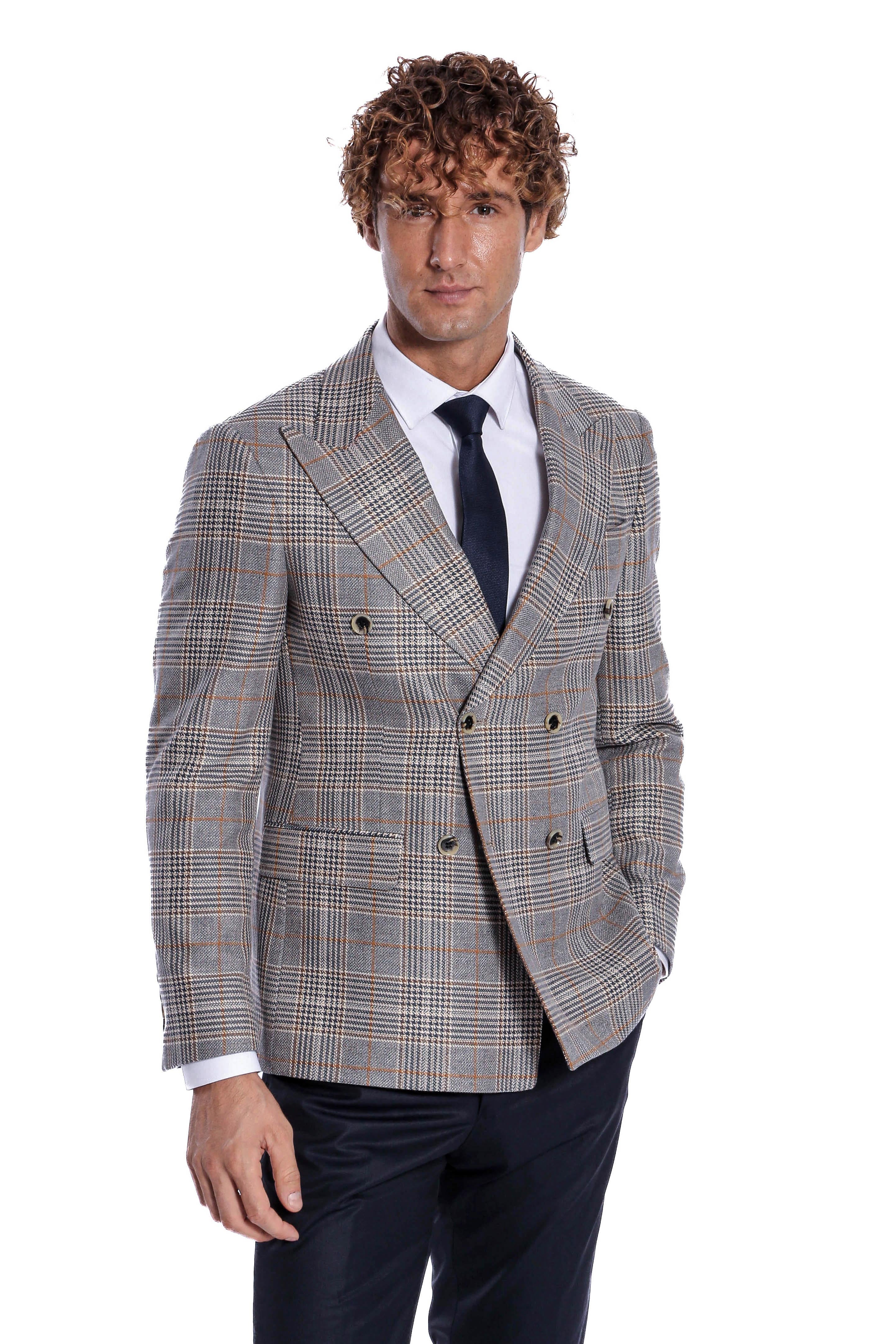 Grey Checked Double-Breasted Jacket, Brown Trousers, Cream Knitwear, and Hat Look - Wessi - Timeless Modern Style