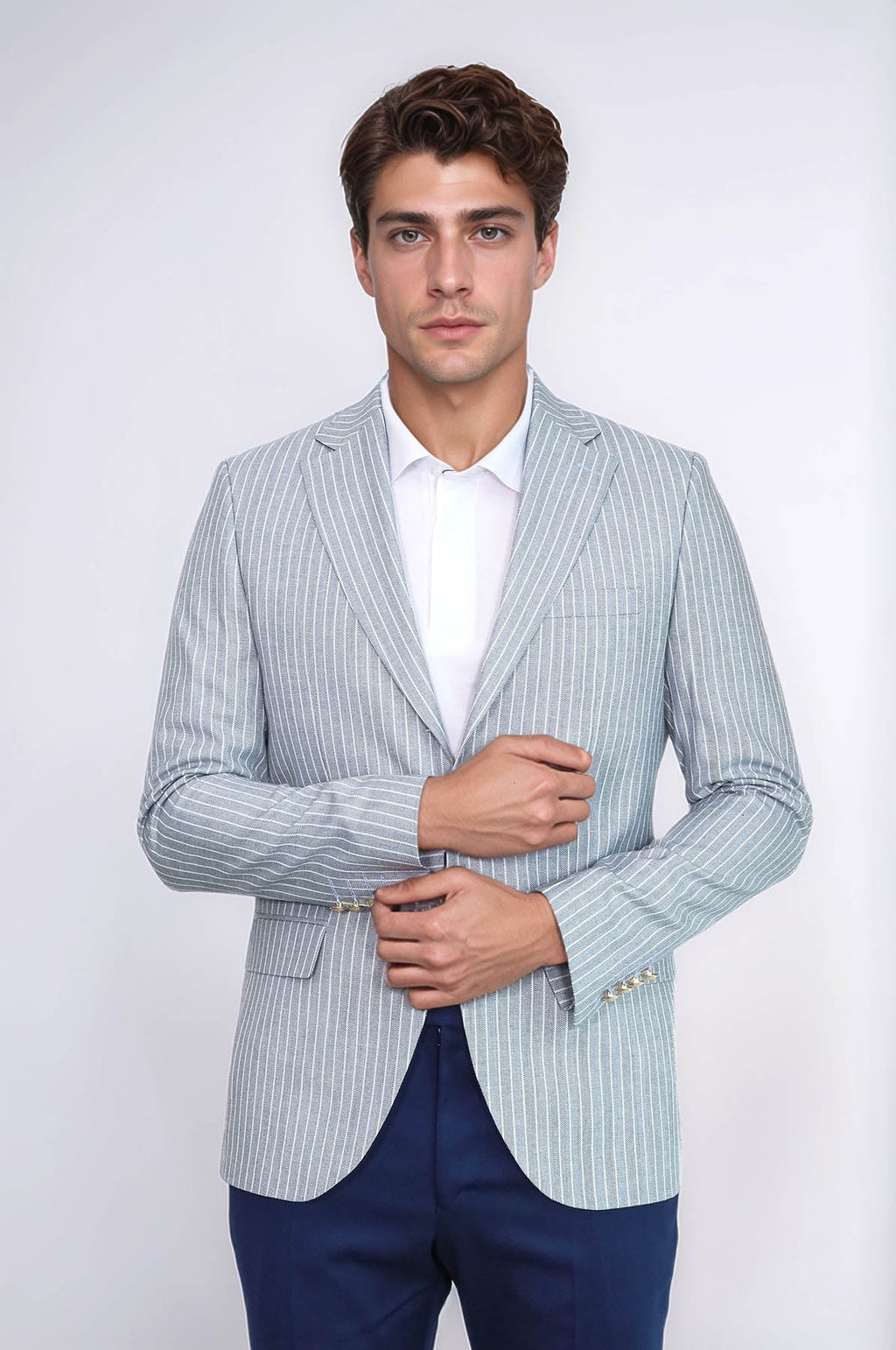 Light Blue Striped Linen Gold Metal Button Slim Fit Men's Blazer Jacket - Wessi