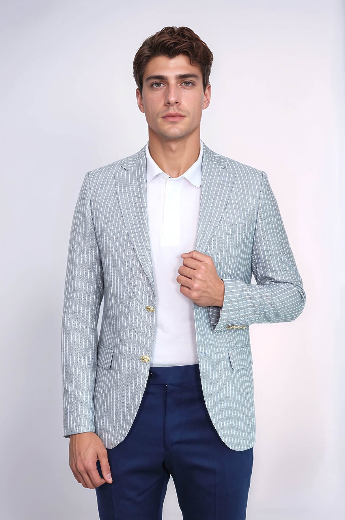 Light Blue Striped Linen Gold Metal Button Slim Fit Men's Blazer Jacket - Wessi