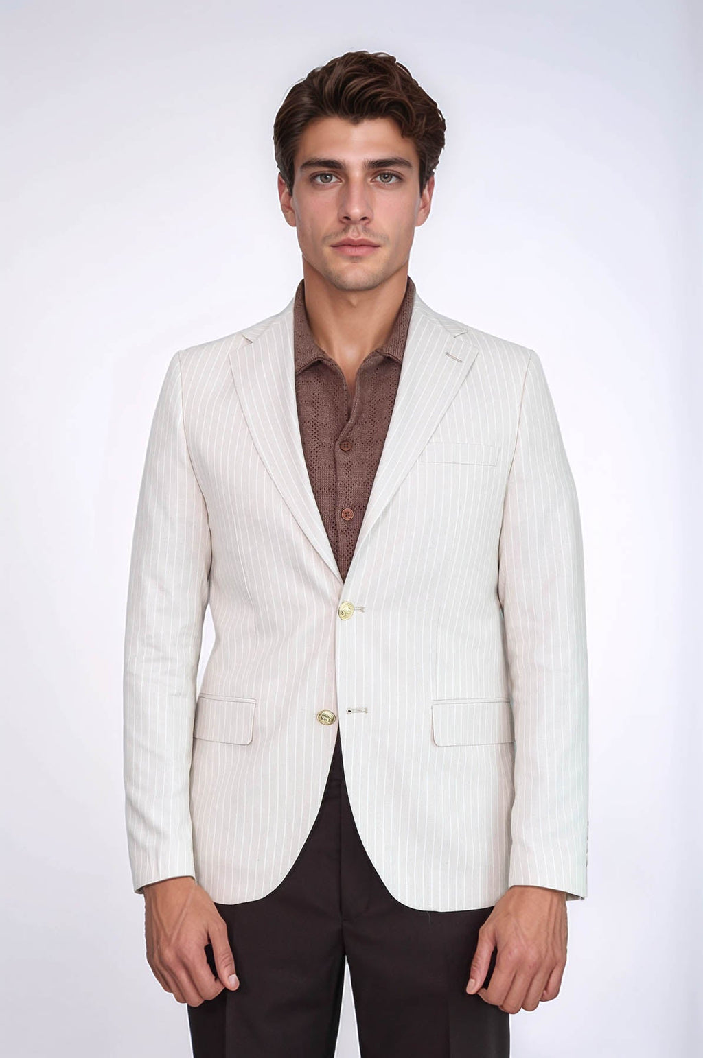 Cream Striped Linen Gold Metal Button Slim Fit Men's Blazer Jacket - Wessi