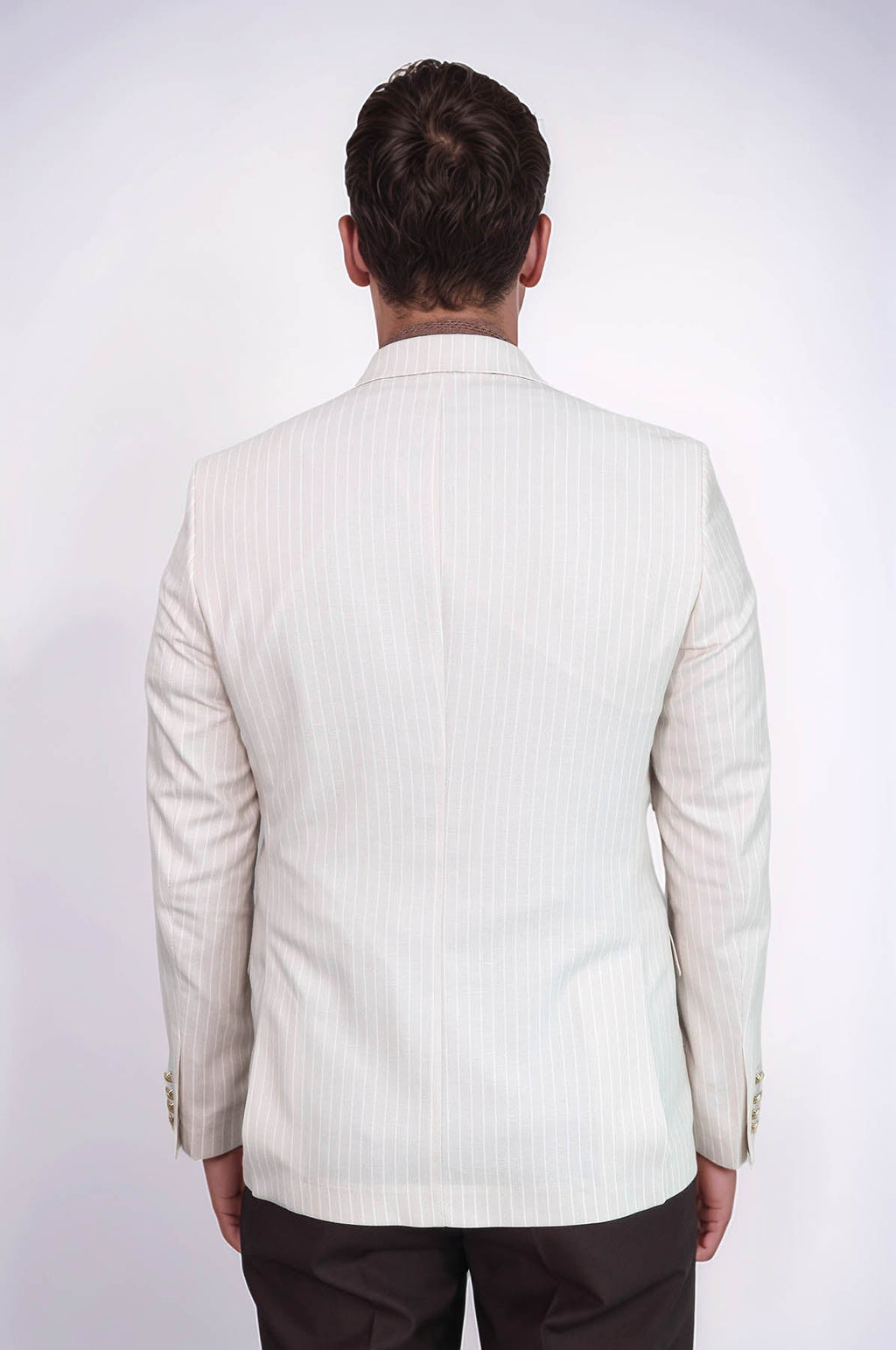 Cream Striped Linen Gold Metal Button Slim Fit Men's Blazer Jacket - Wessi