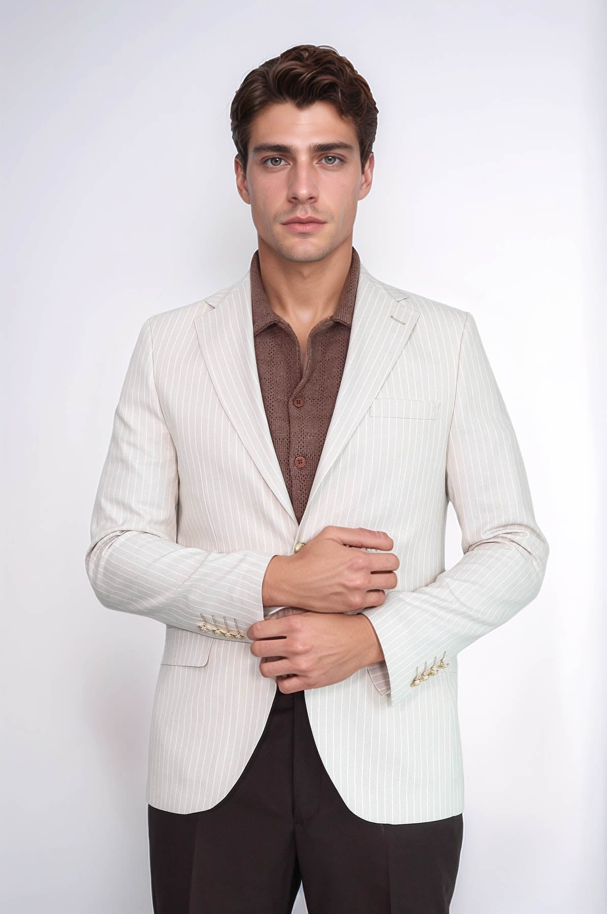 Cream Striped Linen Gold Metal Button Slim Fit Men's Blazer Jacket - Wessi