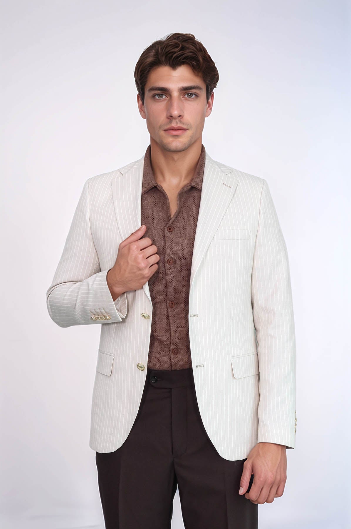 Cream Striped Linen Gold Metal Button Slim Fit Men's Blazer Jacket - Wessi