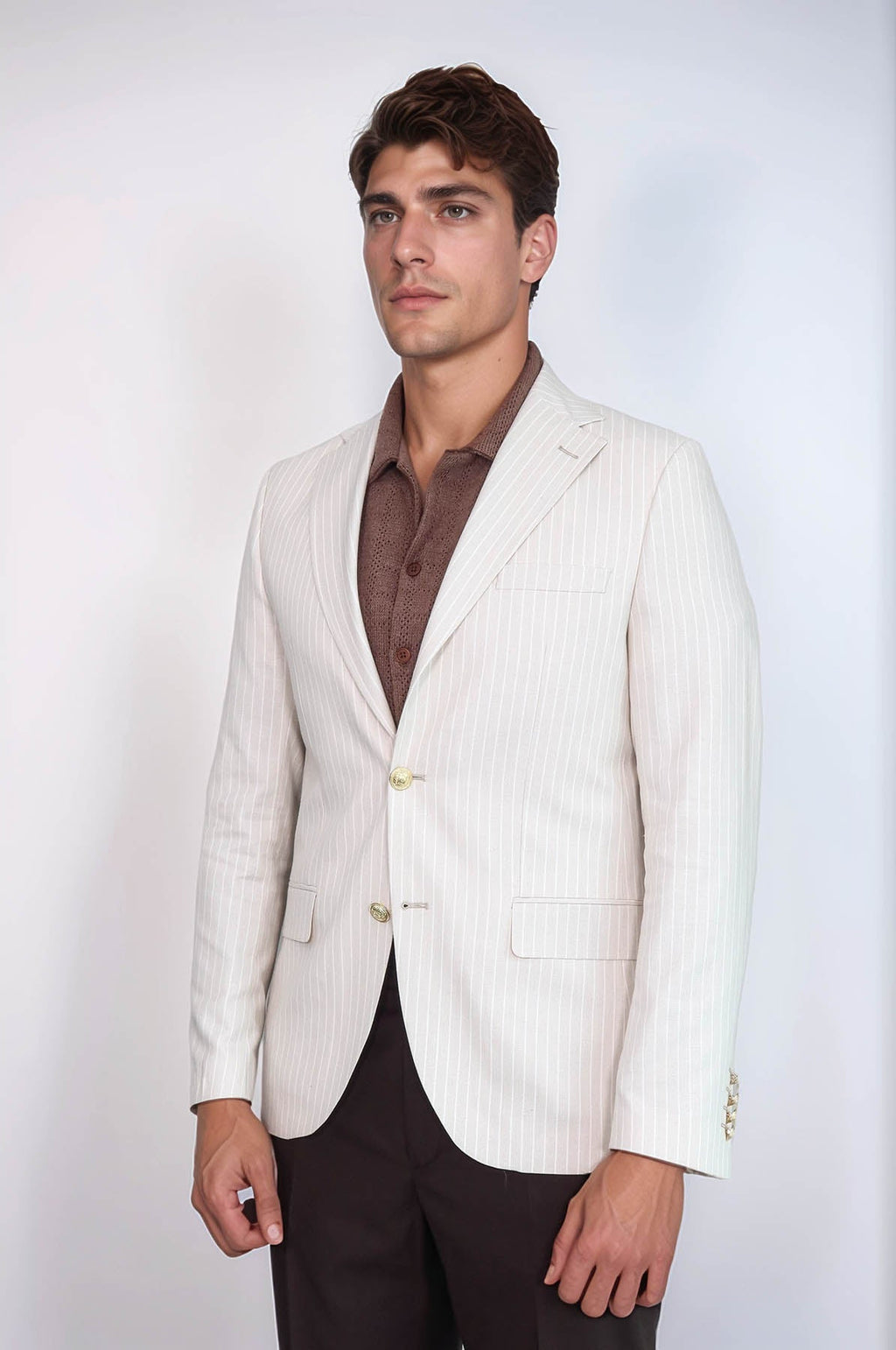 Cream Striped Linen Gold Metal Button Slim Fit Men's Blazer Jacket - Wessi