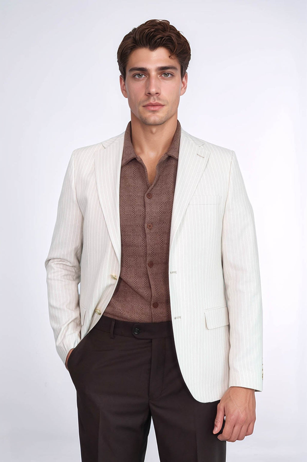 Cream Striped Linen Gold Metal Button Slim Fit Men's Blazer Jacket - Wessi