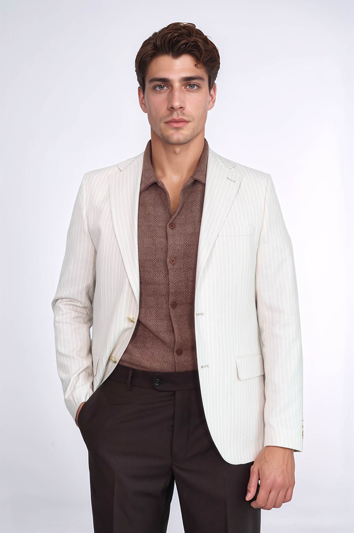 Cream Striped Linen Gold Metal Button Slim Fit Men's Blazer Jacket - Wessi