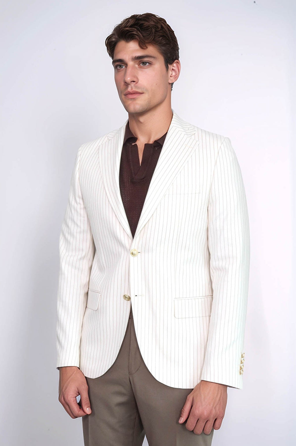 Ecru Striped Linen Gold Metal Button Slim Fit Men's Blazer Jacket - Wessi