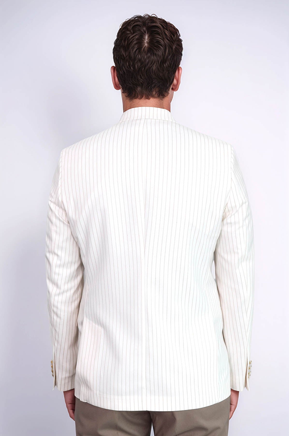Ecru Striped Linen Gold Metal Button Slim Fit Men's Blazer Jacket - Wessi