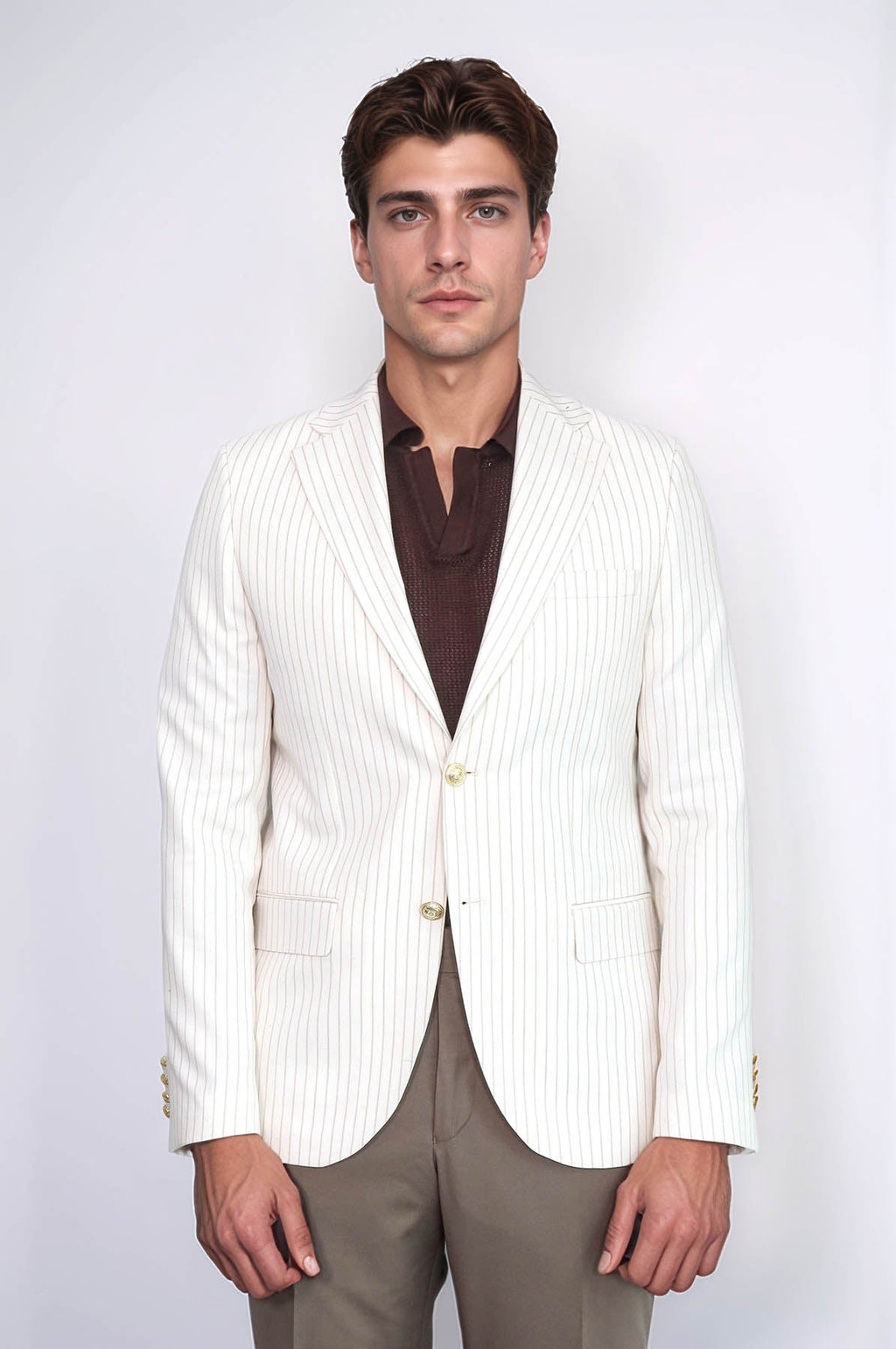 Ecru Striped Linen Gold Metal Button Slim Fit Men's Blazer Jacket - Wessi