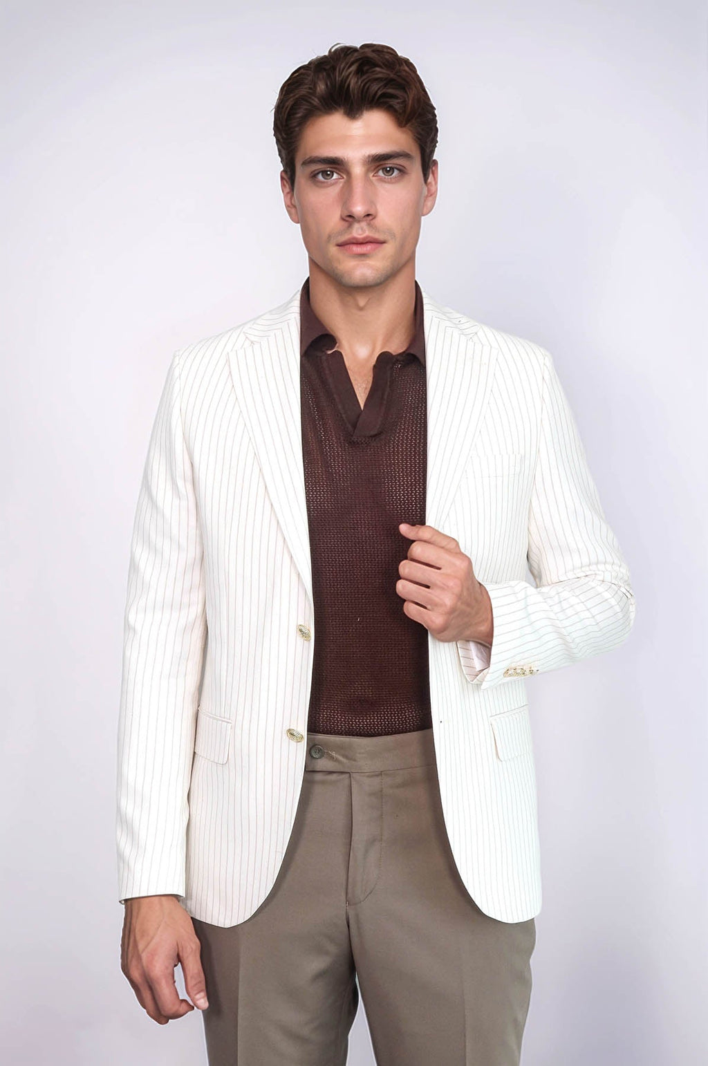 Ecru Striped Linen Gold Metal Button Slim Fit Men's Blazer Jacket - Wessi