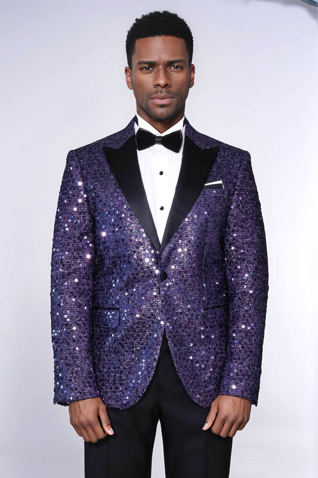 Glitter Pattern Purple Men Prom Blazer - Wessi
