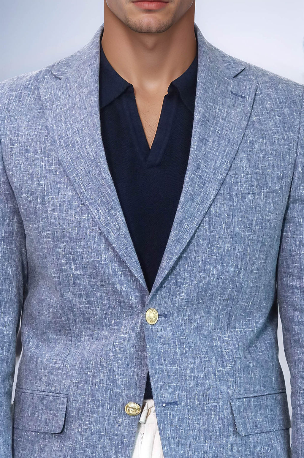 Dark Blue Textured Linen-Feel Gold Metal Button Slim Fit Men's Blazer Jacket - Wessi