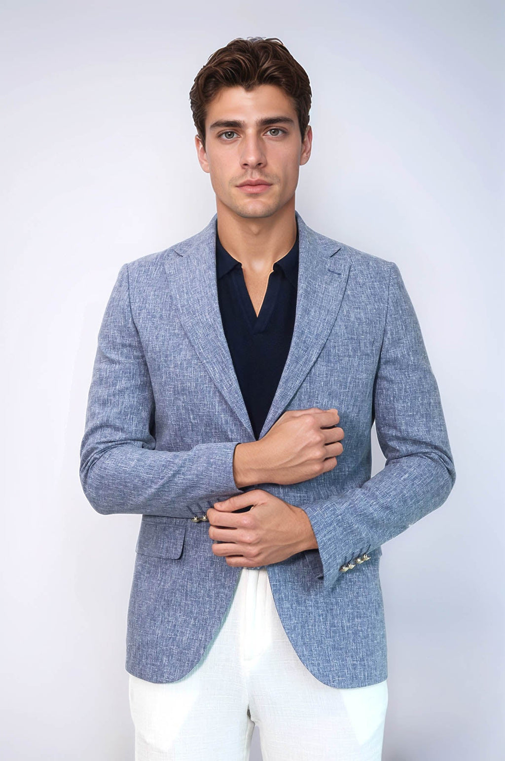 Dark Blue Textured Linen-Feel Gold Metal Button Slim Fit Men's Blazer Jacket - Wessi