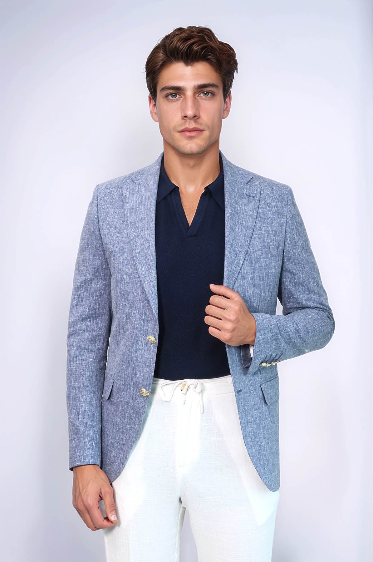 Dark Blue Textured Linen-Feel Gold Metal Button Slim Fit Men's Blazer Jacket - Wessi