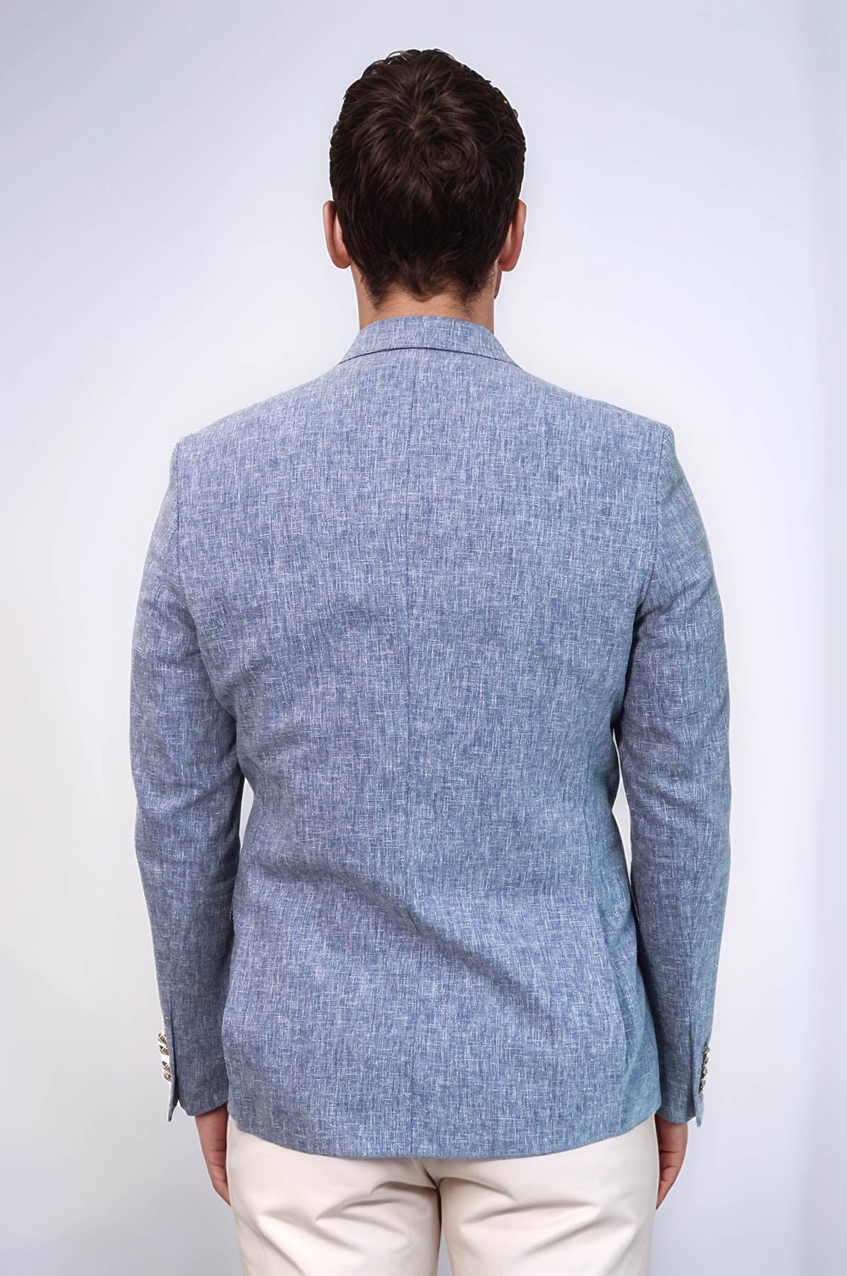 Dark Blue Textured Linen-Feel Gold Metal Button Slim Fit Men's Blazer Jacket - Wessi