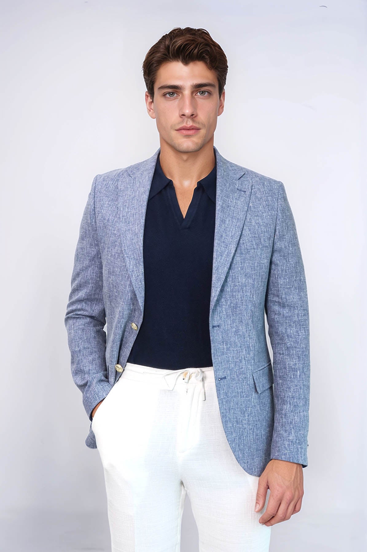 Dark Blue Textured Linen-Feel Gold Metal Button Slim Fit Men's Blazer Jacket - Wessi