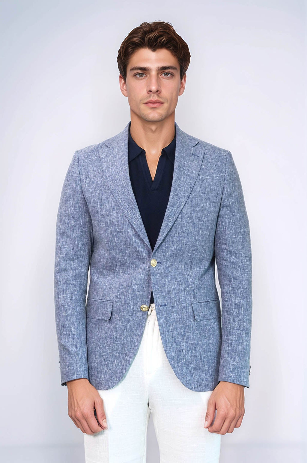 Dark Blue Textured Linen-Feel Gold Metal Button Slim Fit Men's Blazer Jacket - Wessi