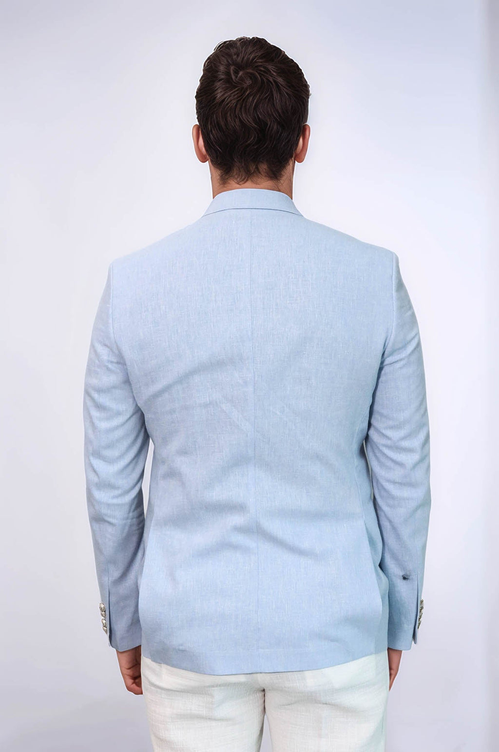 Light Blue Textured Linen-Feel Gold Metal Button Slim Fit Men's Blazer Jacket - Wessi