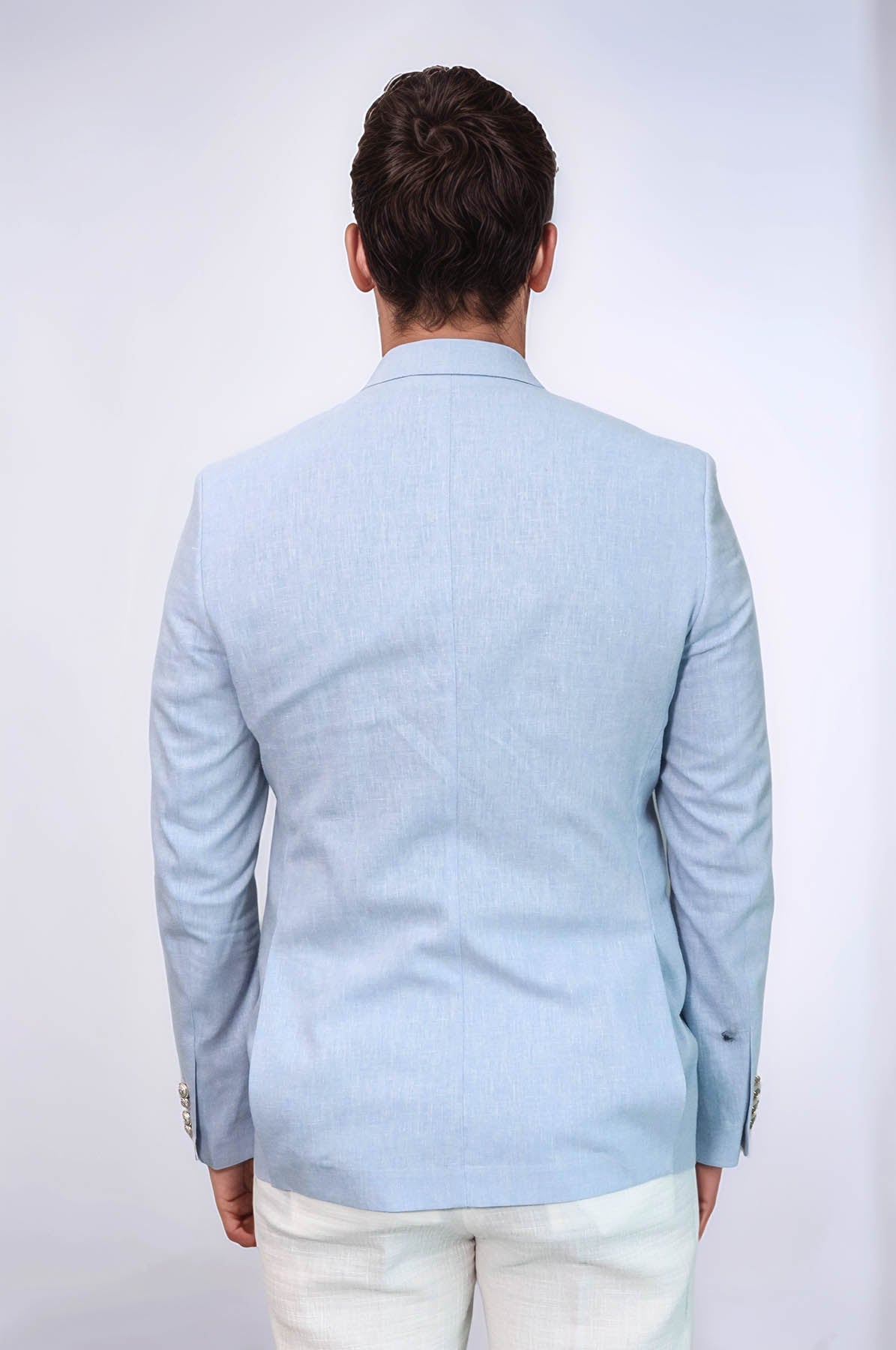 Light Blue Textured Linen-Feel Gold Metal Button Slim Fit Men's Blazer Jacket - Wessi