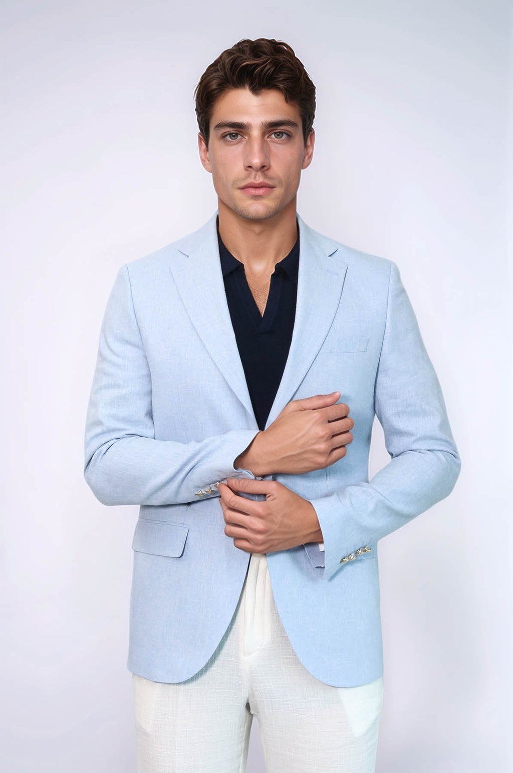 Light Blue Textured Linen-Feel Gold Metal Button Slim Fit Men's Blazer Jacket - Wessi