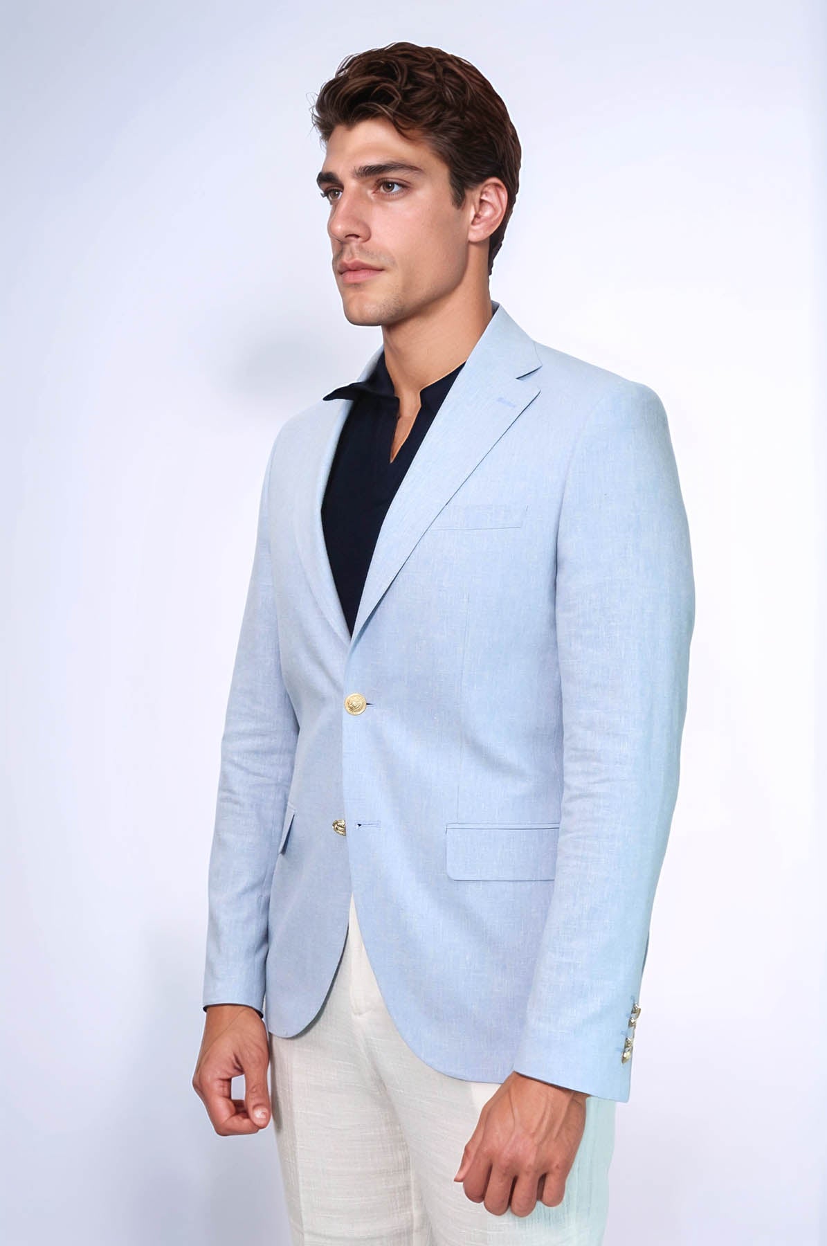 Light Blue Textured Linen-Feel Gold Metal Button Slim Fit Men's Blazer Jacket - Wessi