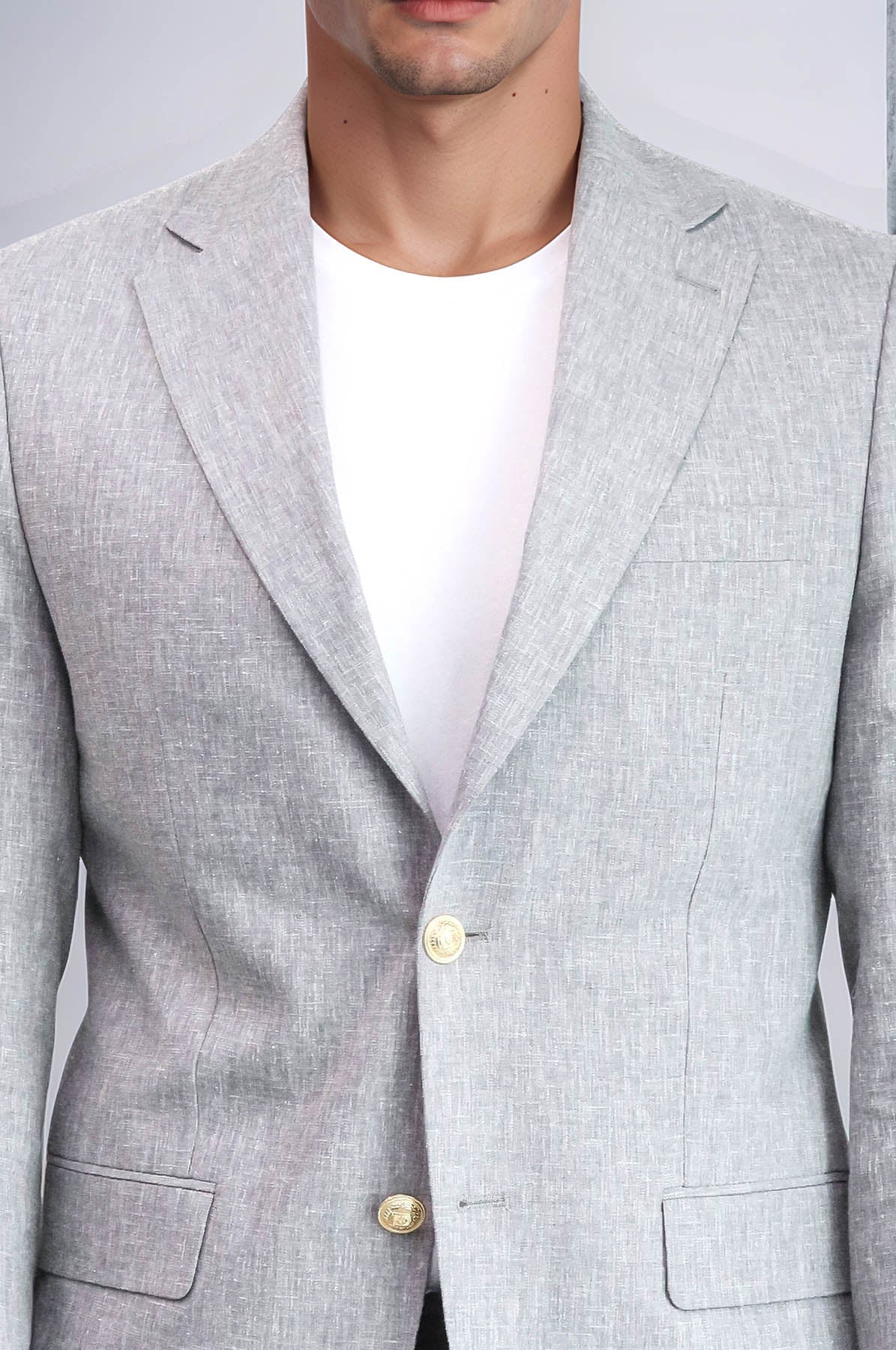Grey Textured Linen-Feel Gold Metal Button Slim Fit Men's Blazer Jacket - Wessi