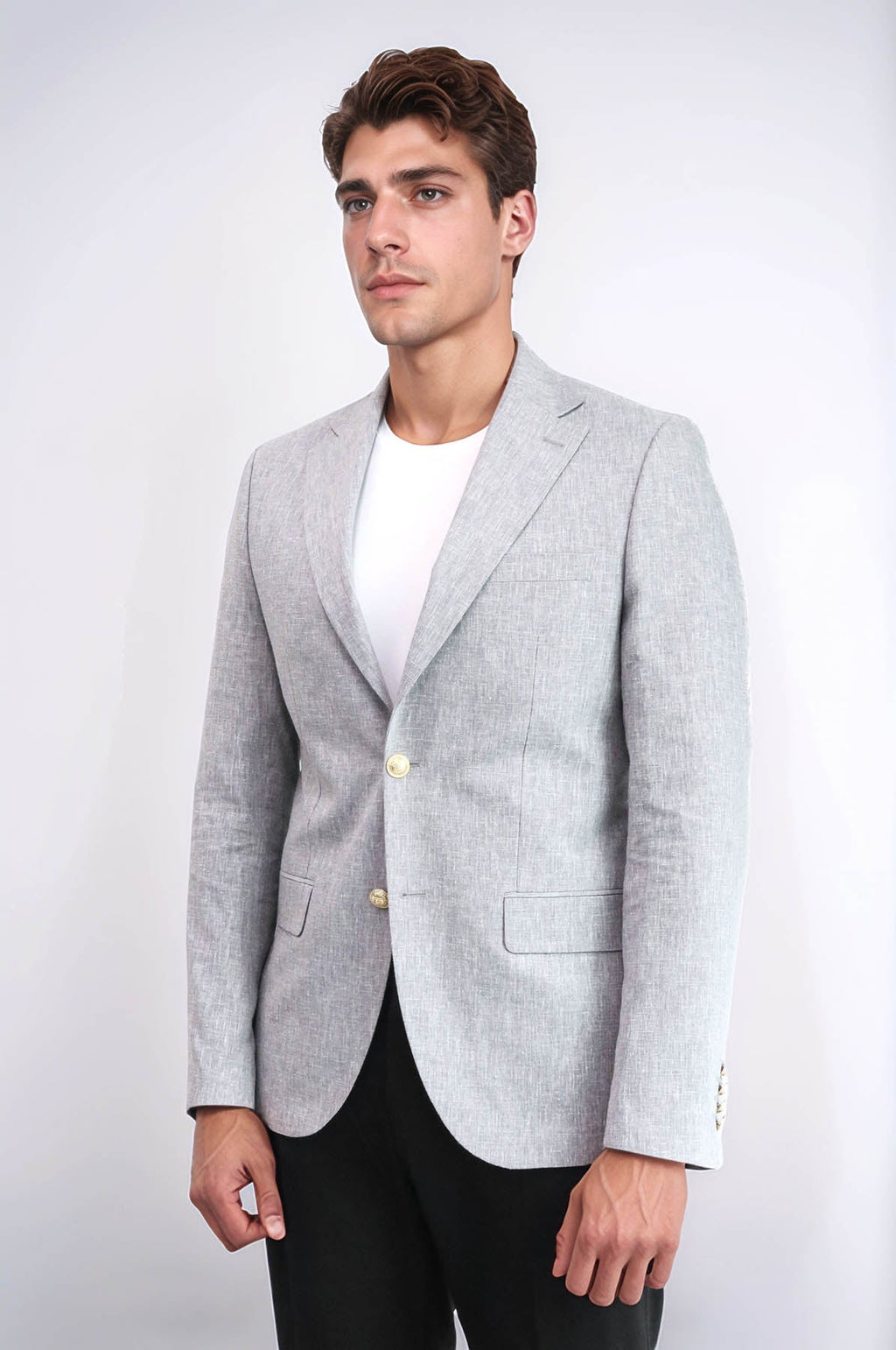 Grey Textured Linen-Feel Gold Metal Button Slim Fit Men's Blazer Jacket - Wessi