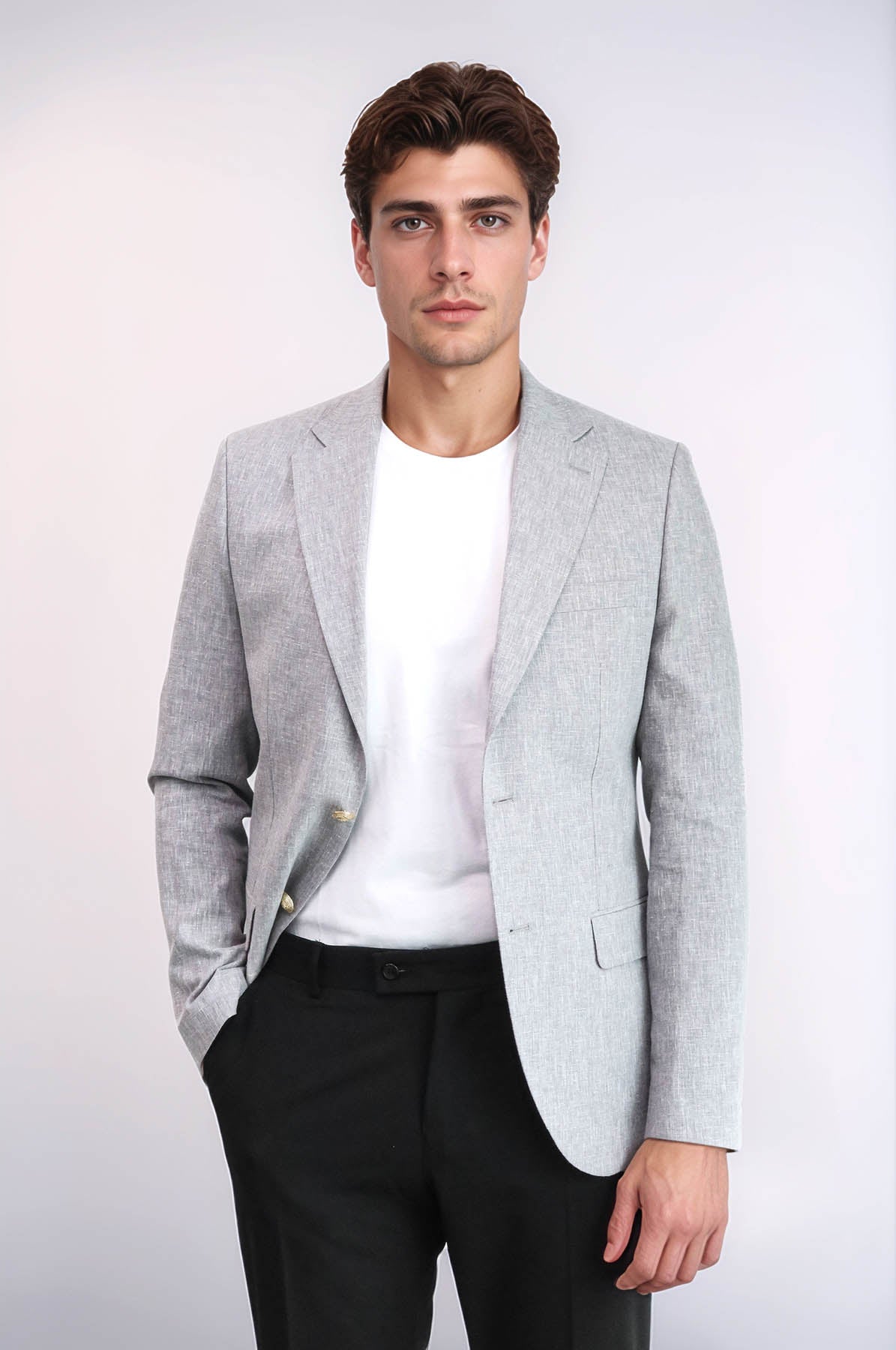 Grey Textured Linen-Feel Gold Metal Button Slim Fit Men's Blazer Jacket - Wessi
